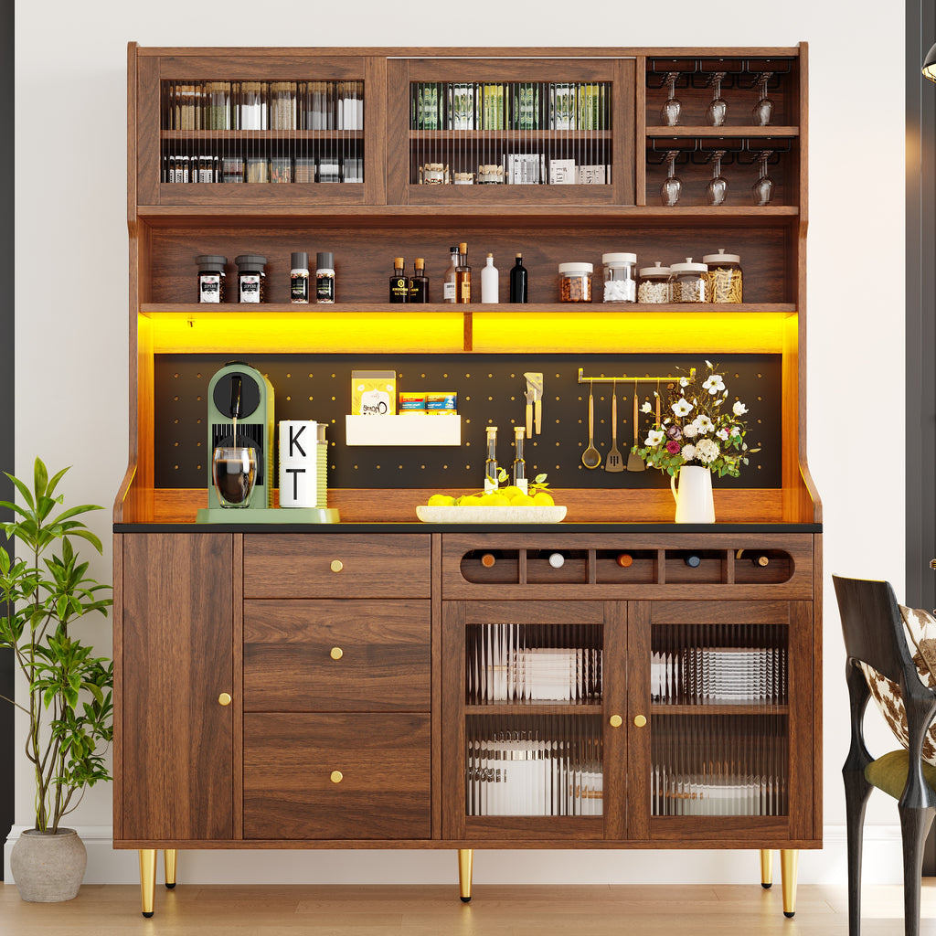 Highboard with Adjustable Shelves & LED Lights, Freestanding Storage Unit for Living Room Kitchen Dining, Tall cabinet with wine rack, Dimensions 145x39x171cm,Walnut color