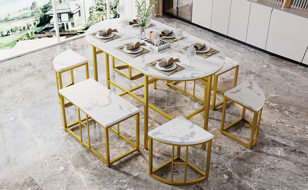 Dining room table set with six chairs, Dining group with white MDF seat cushions and gold-plated iron frames, Modern luxury tables and chairs