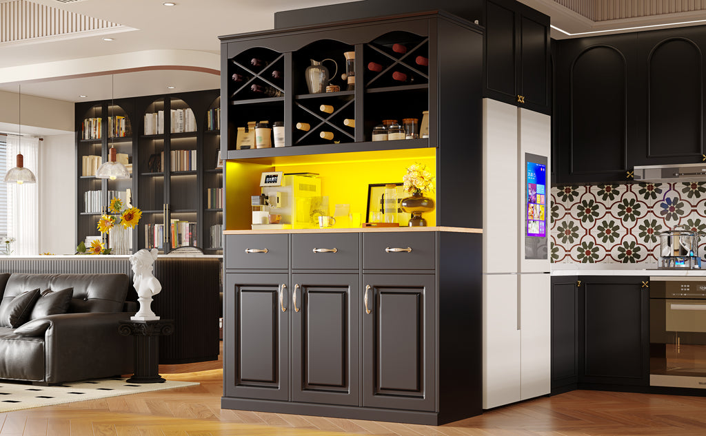 Kitchen cabinet (120 × 40 × 180 cm), tall kitchen buffet, multi-purpose buffet, snack cabinet, storage furniture with three doors, three drawers and LED lighting, black