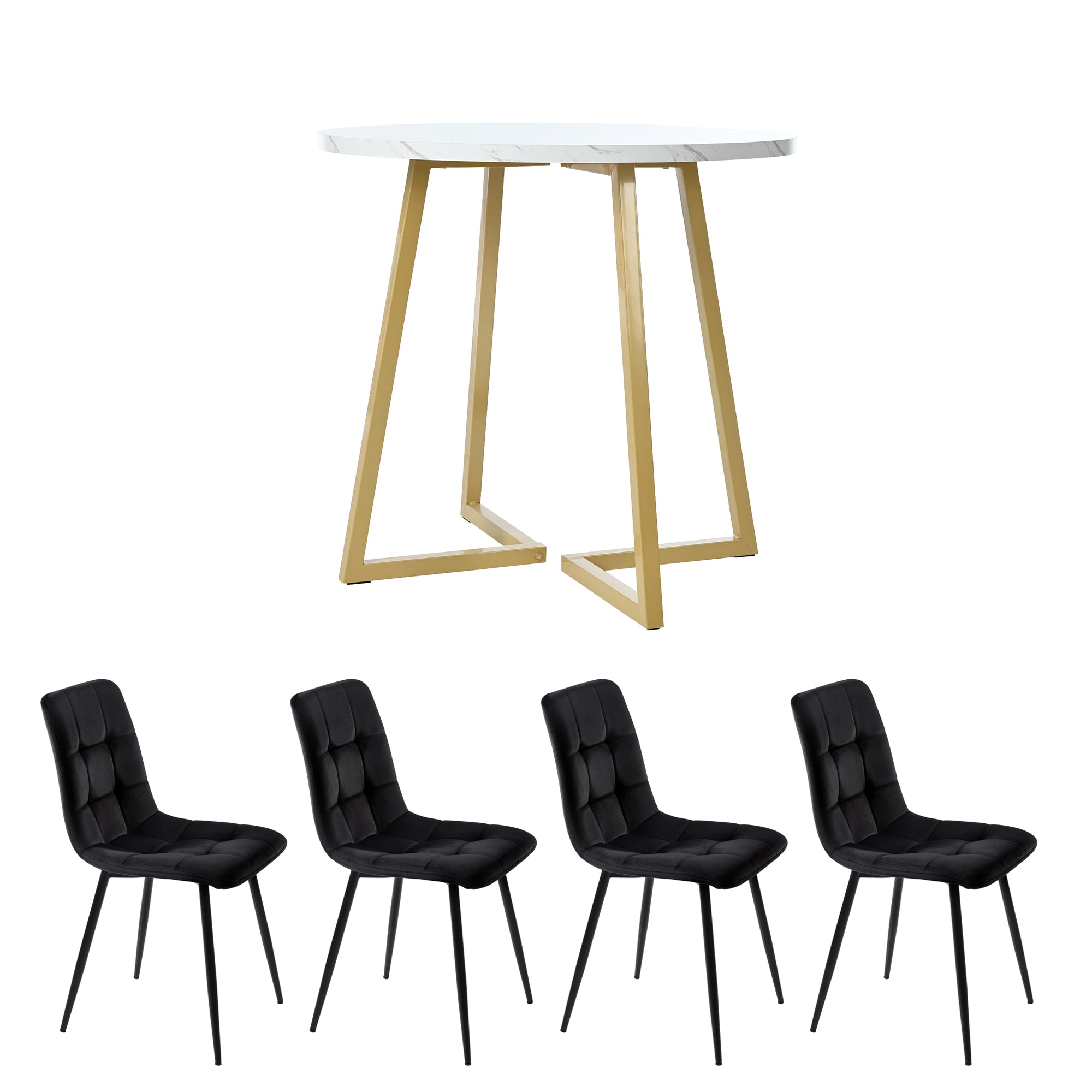 Dining Table Set (5 Pieces), Dining Table Set with 4 Chairs, Modern Kitchen Table Set, 80 cm Diameter Round Kitchen Table with Gold Metal Legs, White MDF Table Top, Black Velvet Dining Chairs