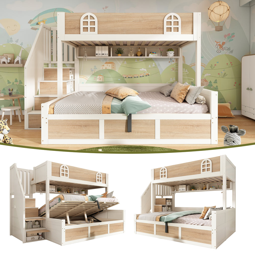 Bunk Beds for Kids, Staircase Bunk with Hydraulic Storage, Children's Bed with Storage Cube, Double Bunk Bed for Family with Multiple Children, (90+135) x 190 cm, Solid Wood, White & Natural