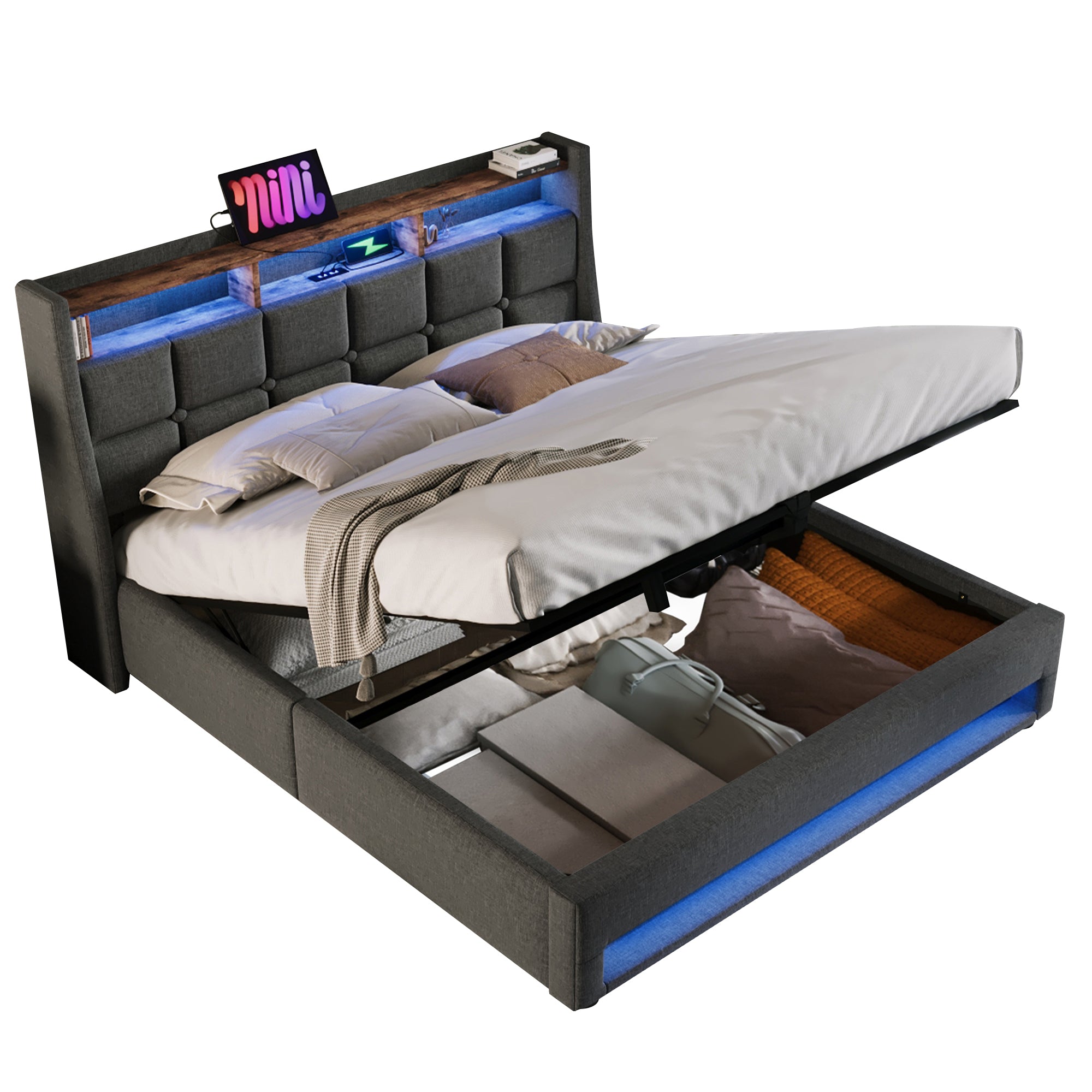 Upholstered Double Bed 135 x 190 cm with LED Lighting, USB Type-C Charging Function, Storage Headboard, 4FT6 Double Bed Storage Bed Frame with Metal Slatted Frame, Linen, Grey (No Mattress)
