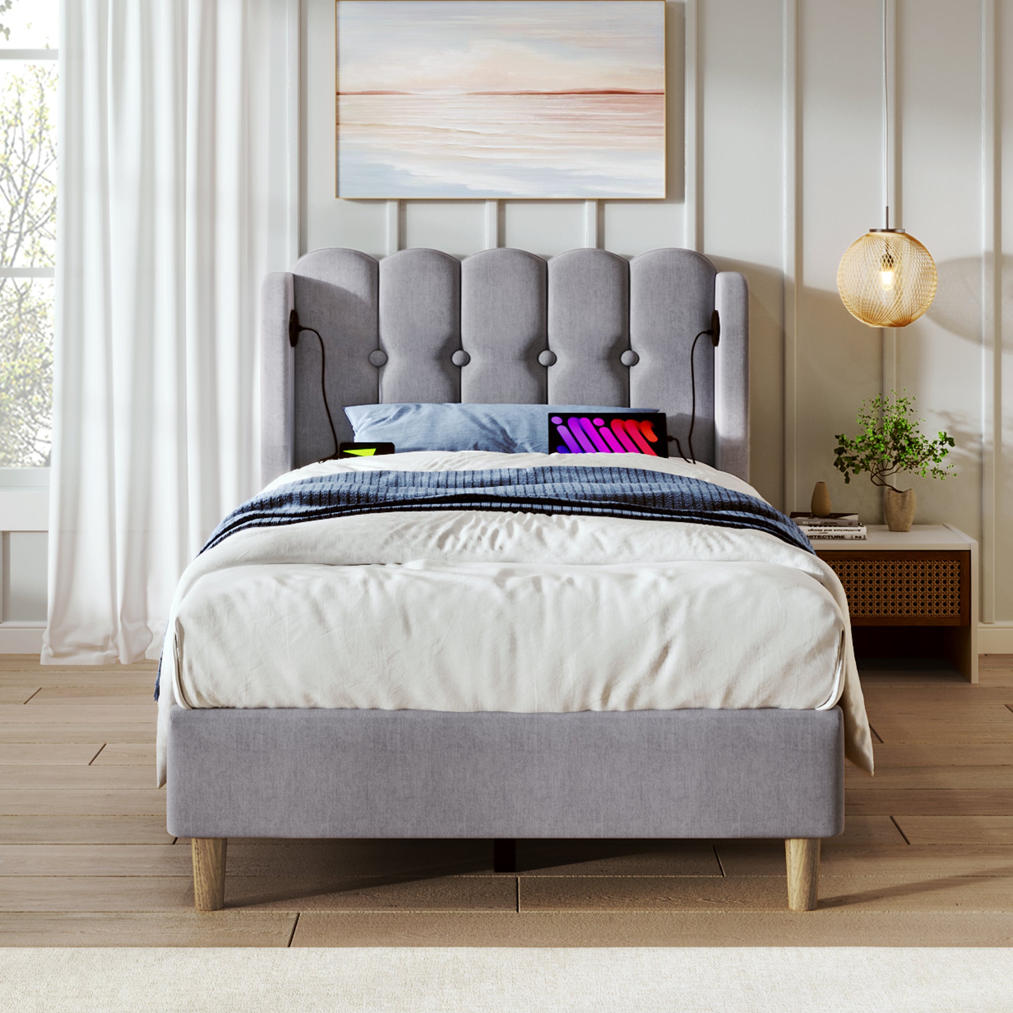 Upholstered Single Bed with USB and Type-C Charging, Bed Frame with Wooden Slatted Frame, Teenager Bed for Bedroom & Guest Room, 3ft 90 x 190 cm Bed Frame, Grey, Linen Material (No Mattress).