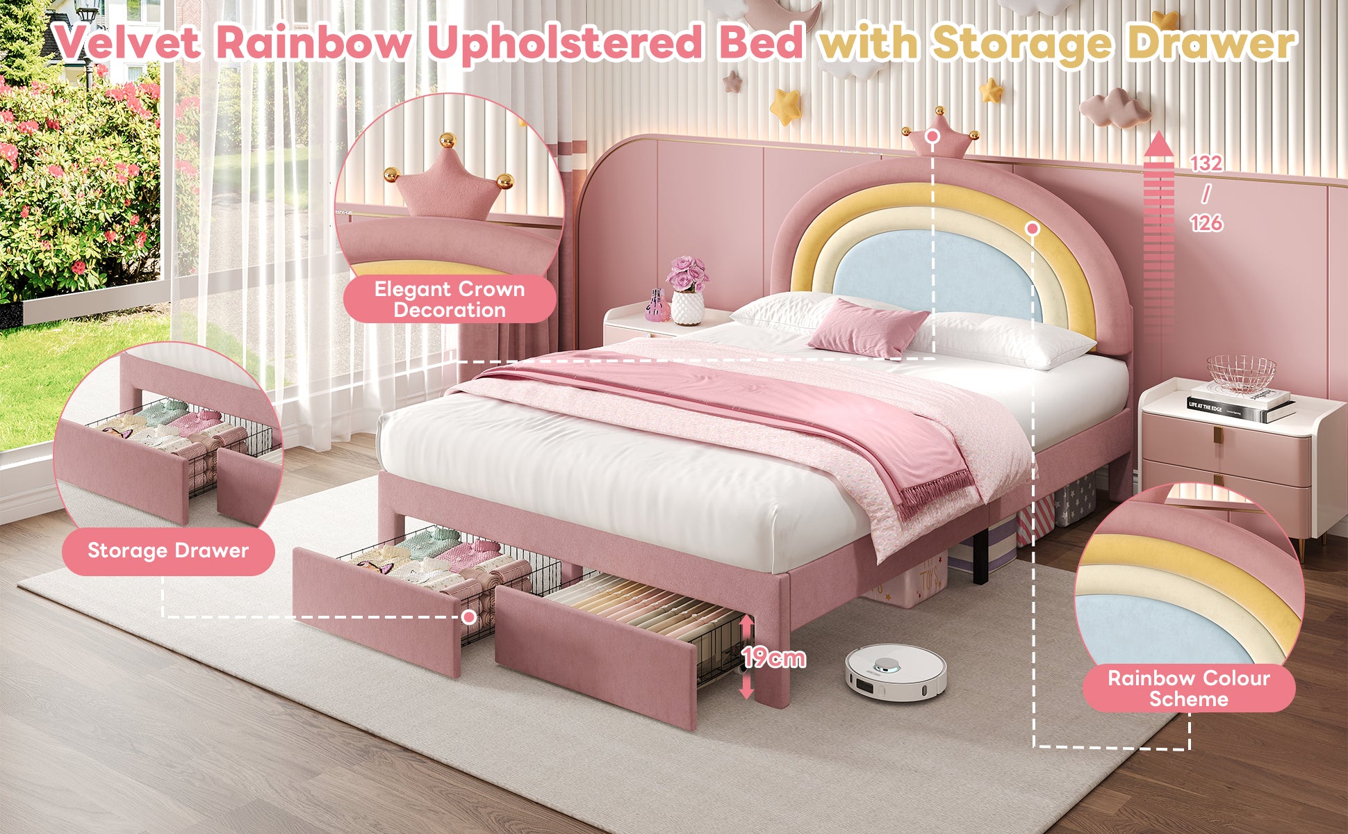 4ft6 Double Upholstered Bed with Adjustable Rainbow Headboard, Soft Velvet Bed Frame with Storage Drawer, Stylish Rainbow Headboard with Crown, No Box Spring Needed, Easy Assembly, Pink (No Mattress)