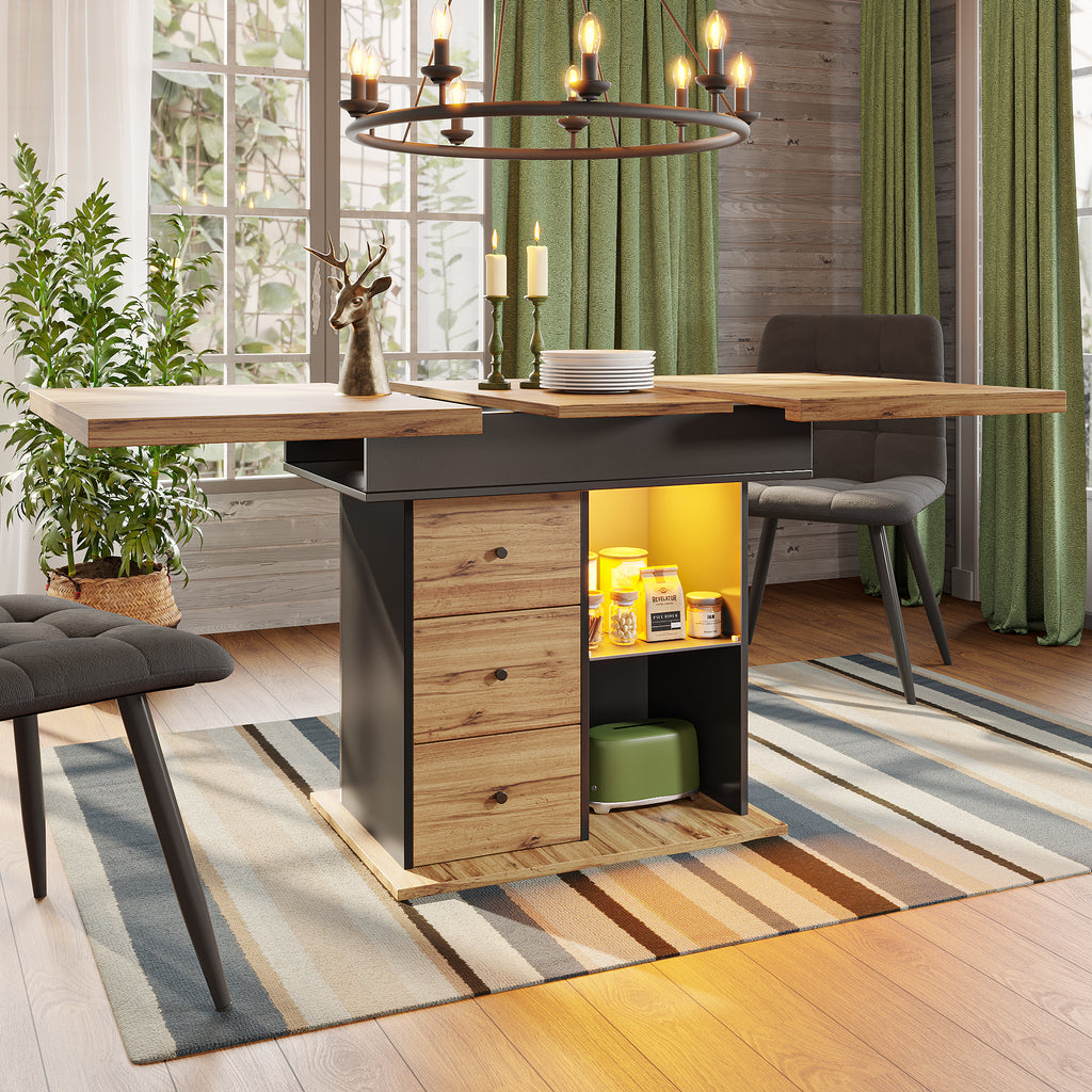 Telescopic dining table (110-140 x 80 cm), foldable kitchen table for 4-6 people, extendable dining table, space-saving kitchen table, for kitchen and living room, table with LED lighting