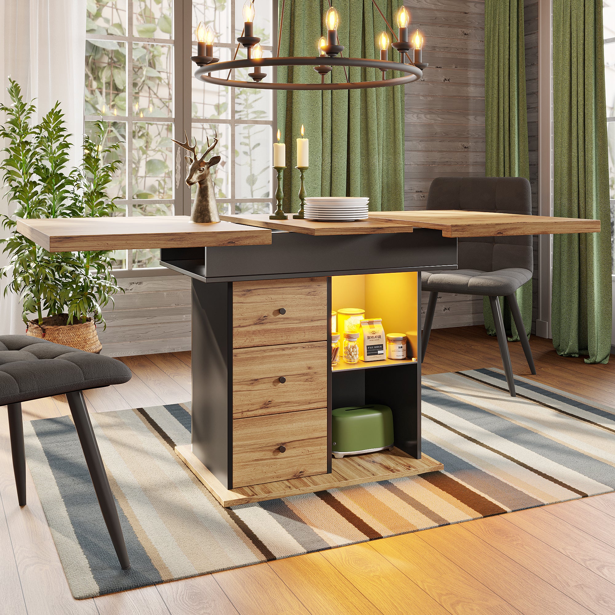 Telescopic dining table (110-140 x 80 cm), foldable kitchen table for 4-6 people, extendable dining table, space-saving kitchen table, for kitchen and living room, table with LED lighting