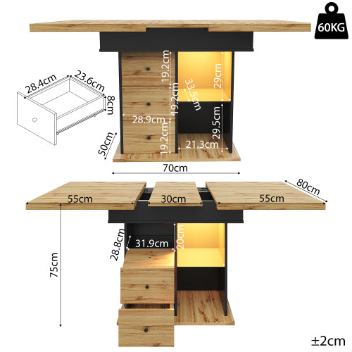 Telescopic dining table (110-140 x 80 cm), foldable kitchen table for 4-6 people, extendable dining table, space-saving kitchen table, for kitchen and living room, table with LED lighting