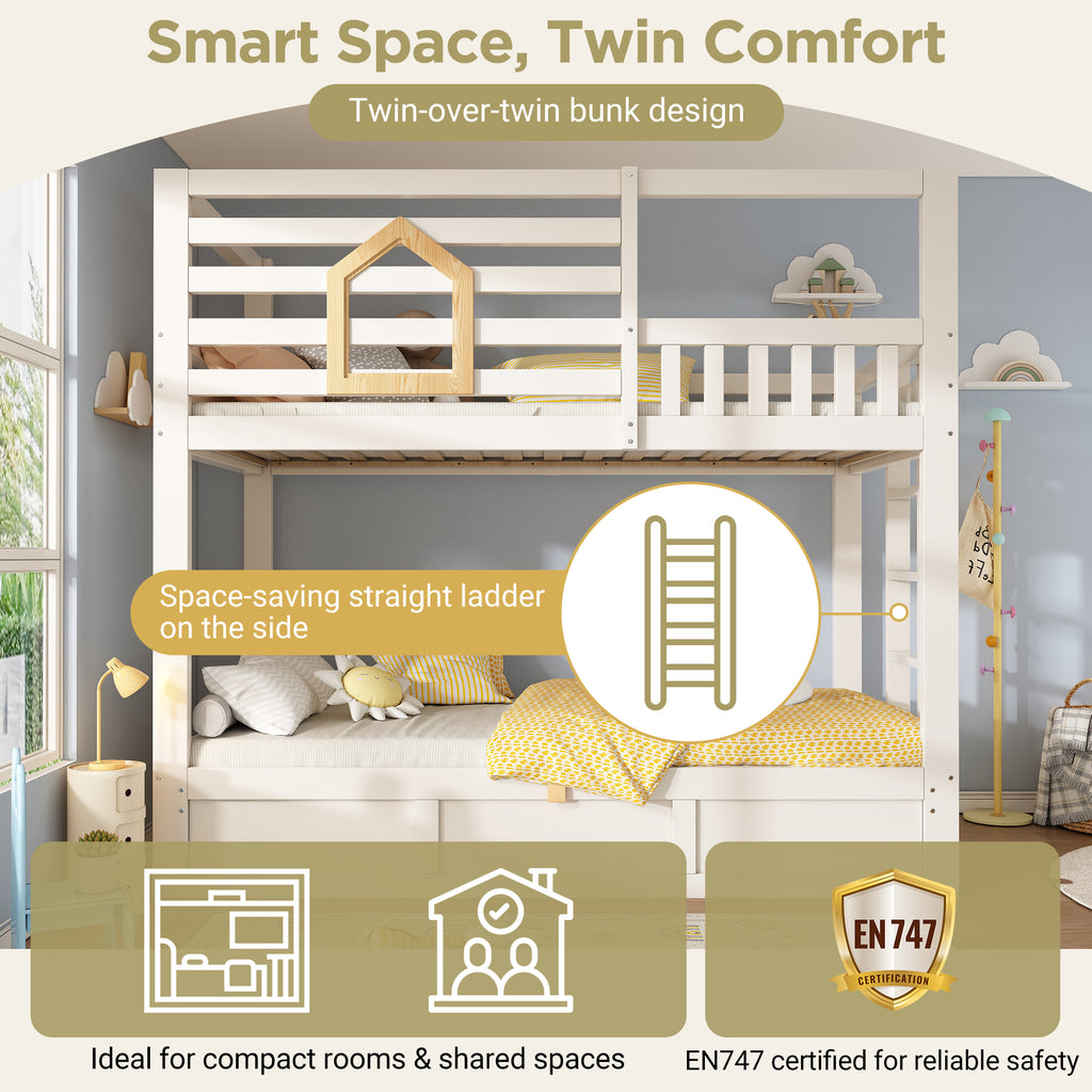 Bunk Beds for Kids with Ladder, Wooden Cabin Bed Hydraulic Storage, Children's House Bed, Twin Sleeper (90+90) x 190 cm, Solid Wood, White
