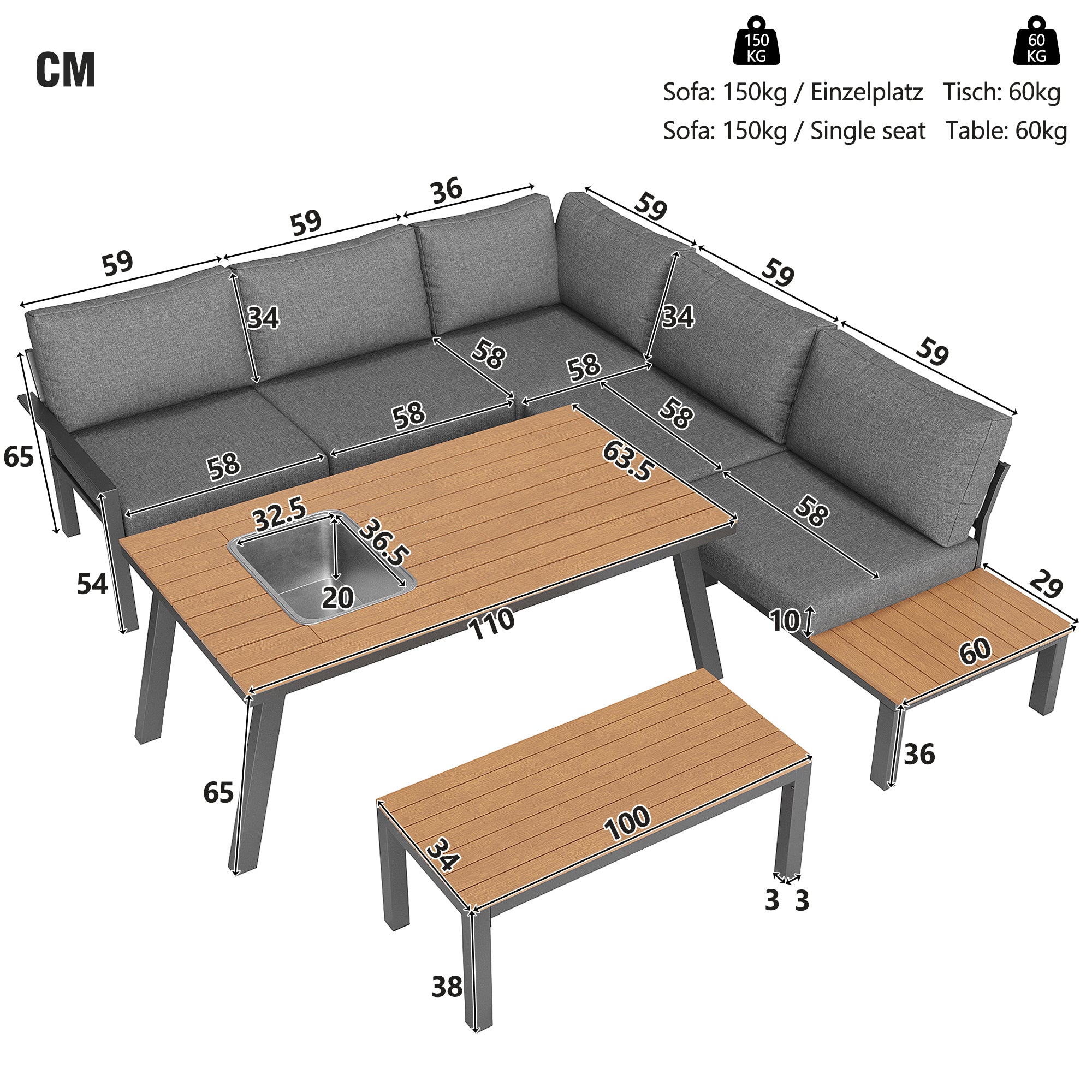 Outdoor garden lounge furniture set for 6-7 people, for garden, balcony, terrace, all-weather seating set, modern garden furniture set, galvanised iron frame, table top with ice bucket, grey
