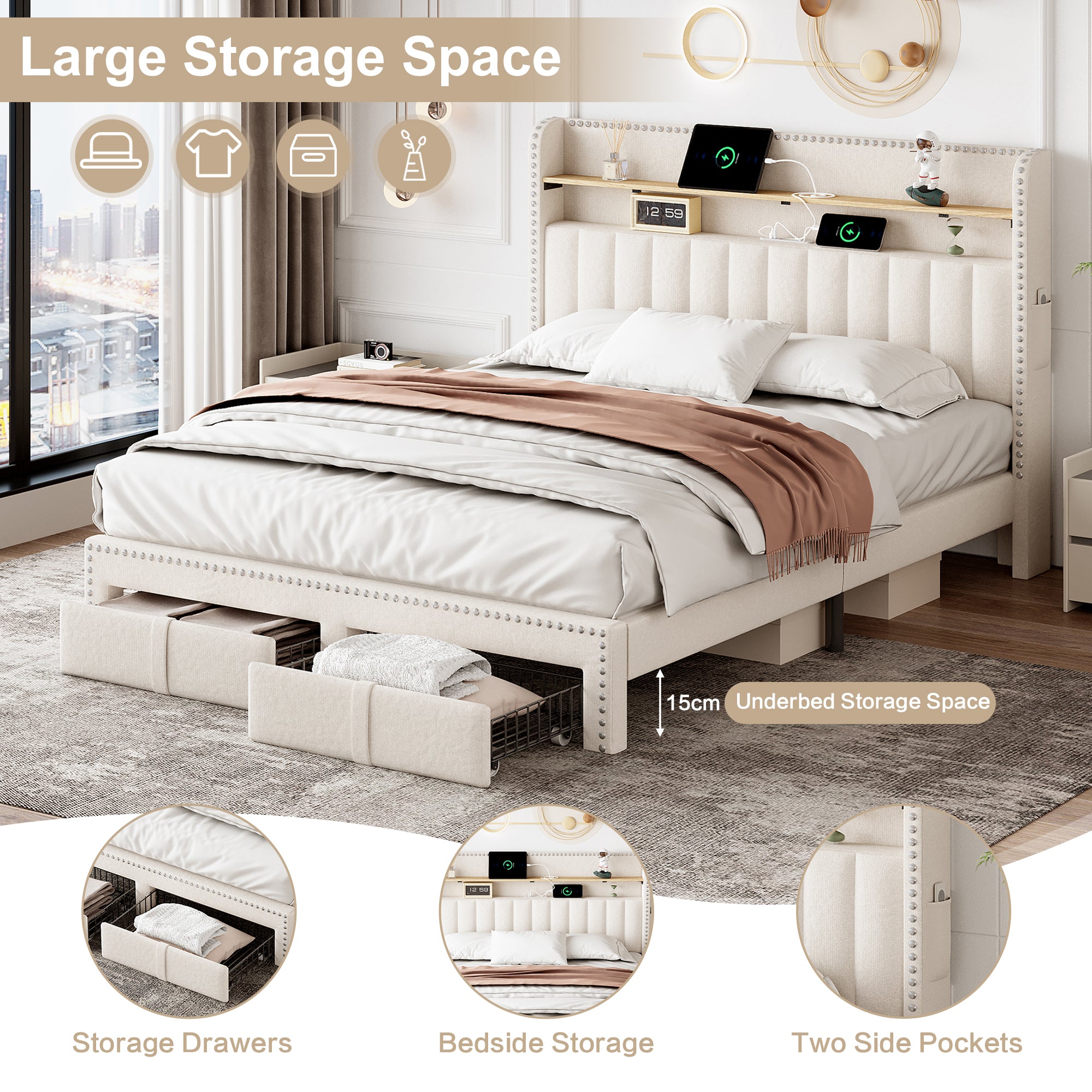 4ft6 Double Upholstered Bed with 2 Storage Drawers, Riveted Storage Bed with Charging and Lighting, Linen Platform Bed Frame No Box Spring Needed, Easy Assembly, Beige (No Mattress)