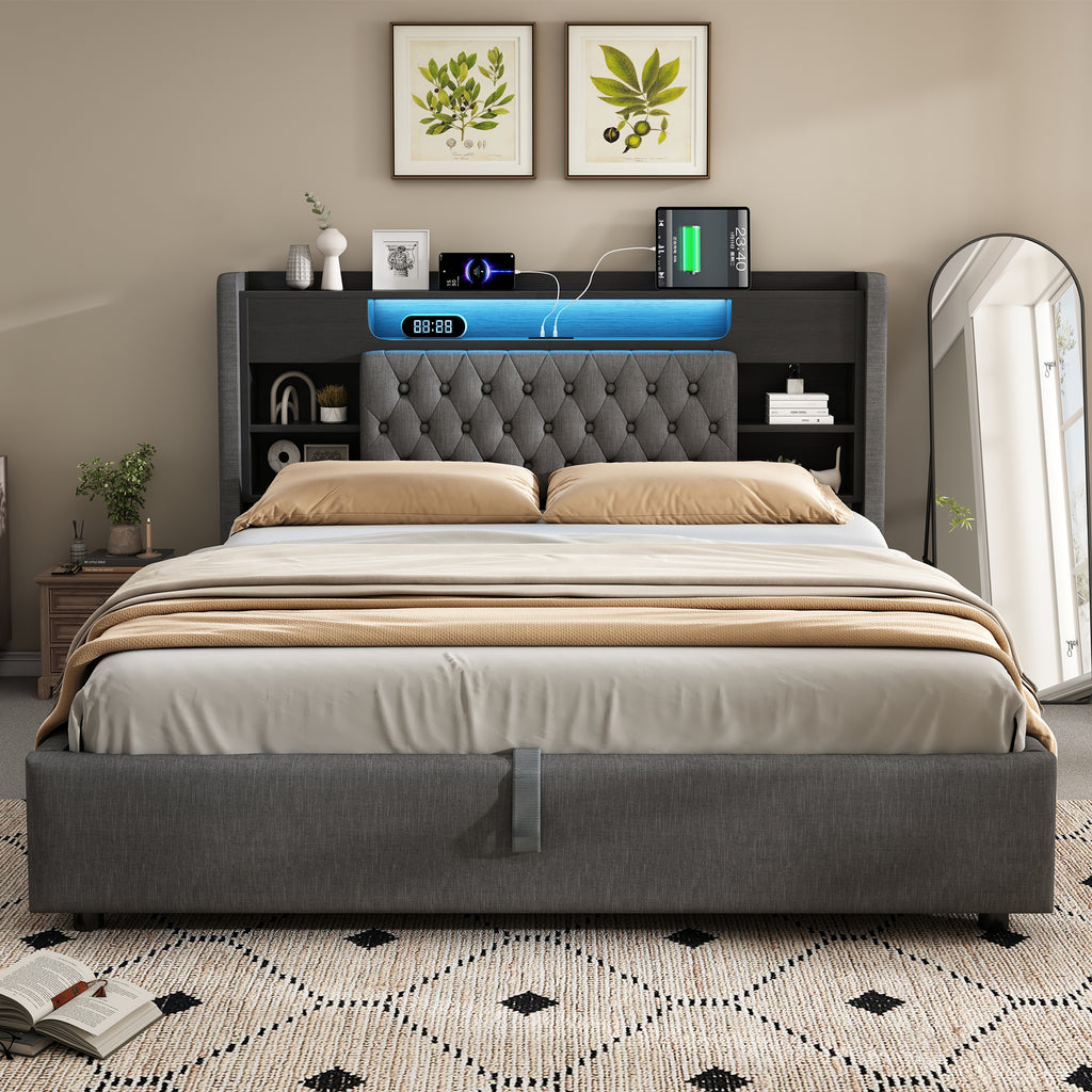5ft King Bed with Hydraulic Storage, Upholstered Bed Frame with LED Lighting & Charging Station, Storage Headboard for Cellphones & Tablets, 150 x 200 cm, Linen, Grey (No Mattress)