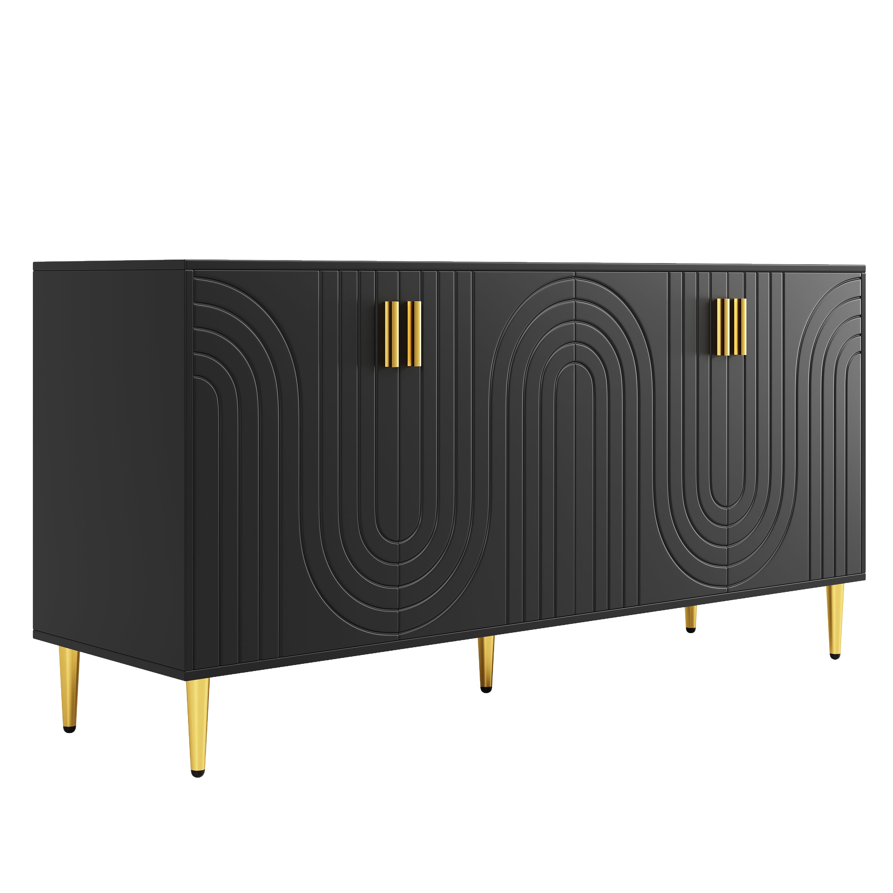 Black sideboard (152 x 40 x 75 cm) with unique wave design and golden handles and feet, creating an elegant dining area