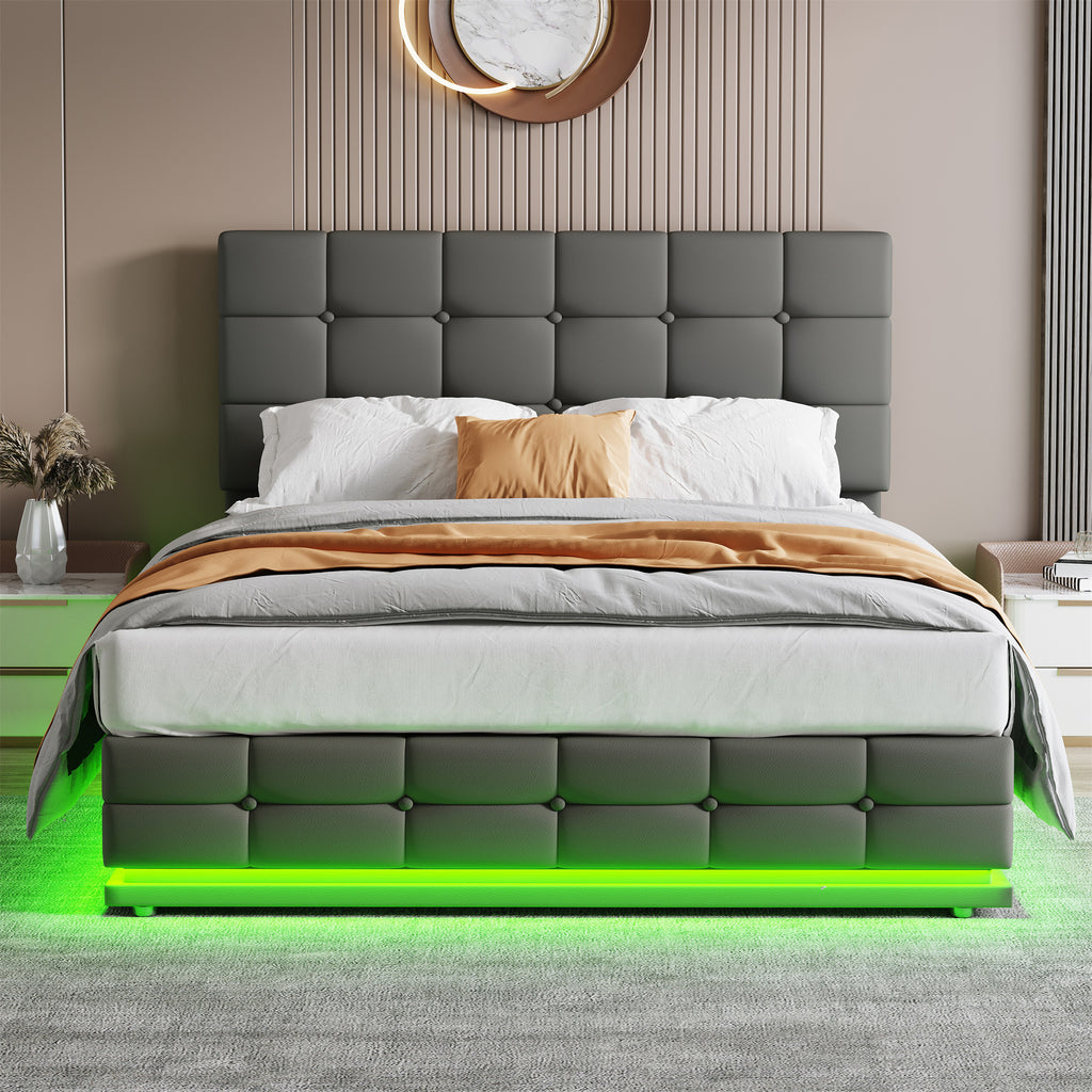 Ottoman Double Bed with LED Lighting, PU Leather Upholstered Bed with Hydraulic Storage, 4ft6 Double Bed Frame with Adjustable Button Tufted Headboard, No Box Spring Needed, Grey (No Mattress)