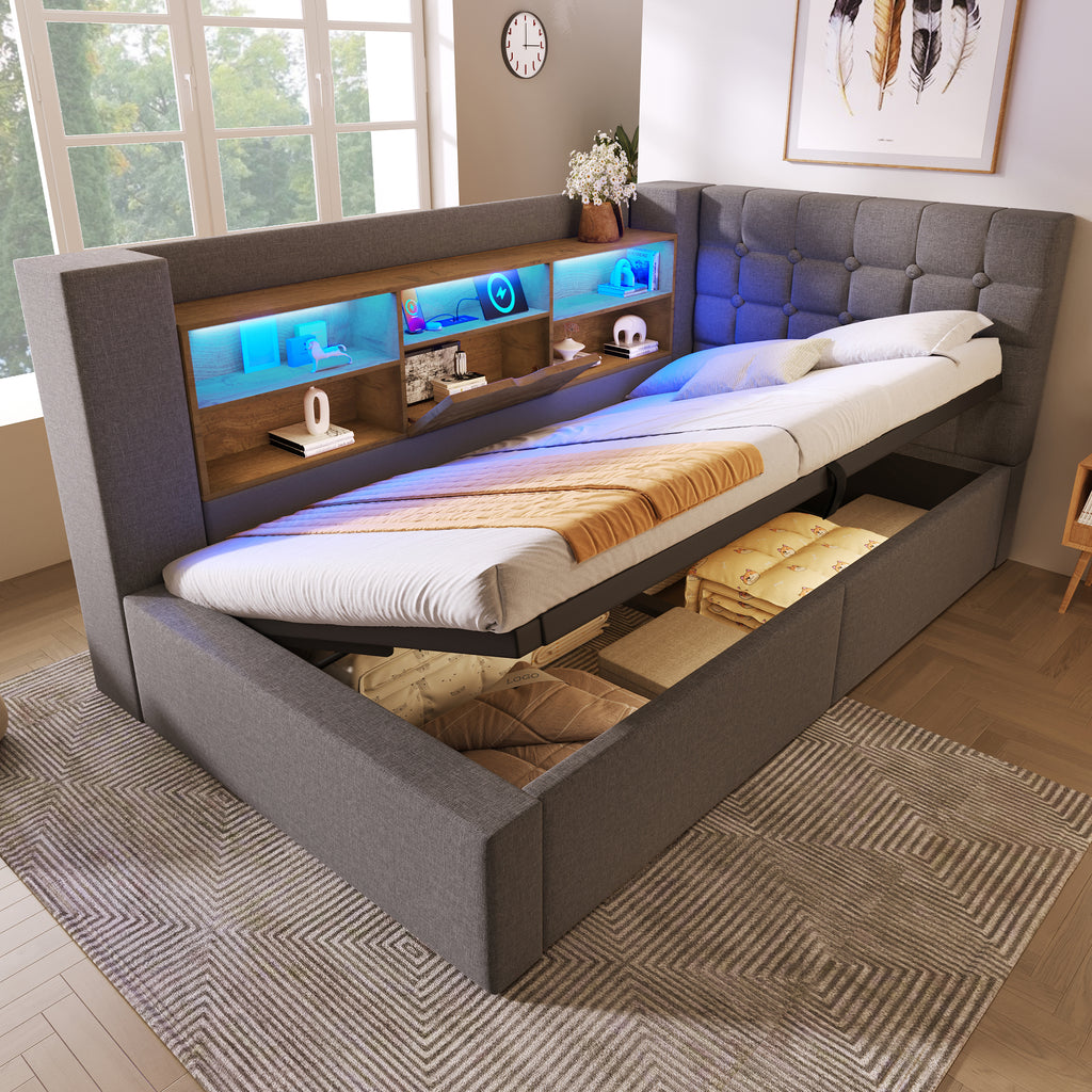 Daybed Upholstered Bed 90 x 190 cm, 3FT Single Sofa Bed with Hydraulic Storage, USB &Type-C Charging Station, Single Bed for Living Room and Bedroom, Linen, Grey (No Mattress)