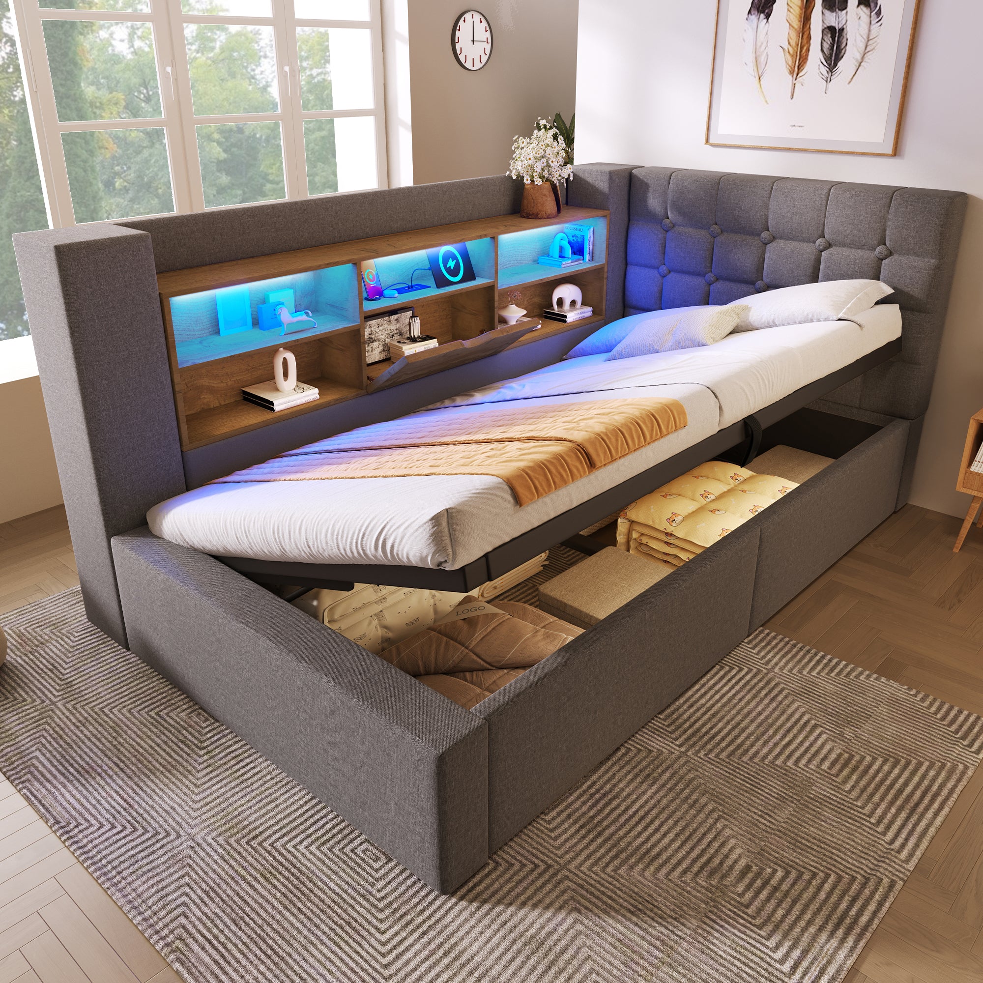 Daybed Upholstered Bed 90 x 190 cm, 3FT Single Sofa Bed with Hydraulic Storage, USB &Type-C Charging Station, Single Bed for Living Room and Bedroom, Linen, Grey (No Mattress)
