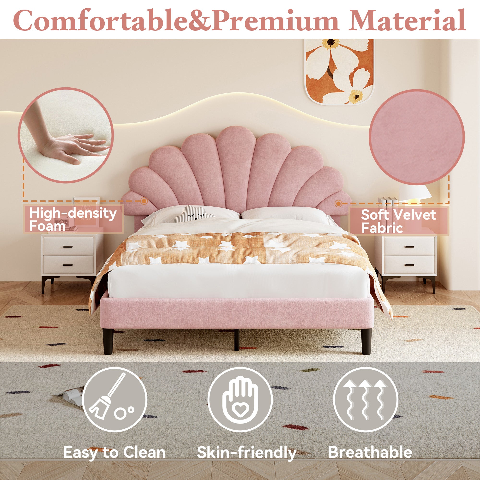 4ft6 Double Upholstered Velvet Bed Frame, with Adjustable Chic Petal Headboard, Velvet Platform Bed Frame with Solid Wood Slat, No Box Spring Needed, Easy Assembly, Pink