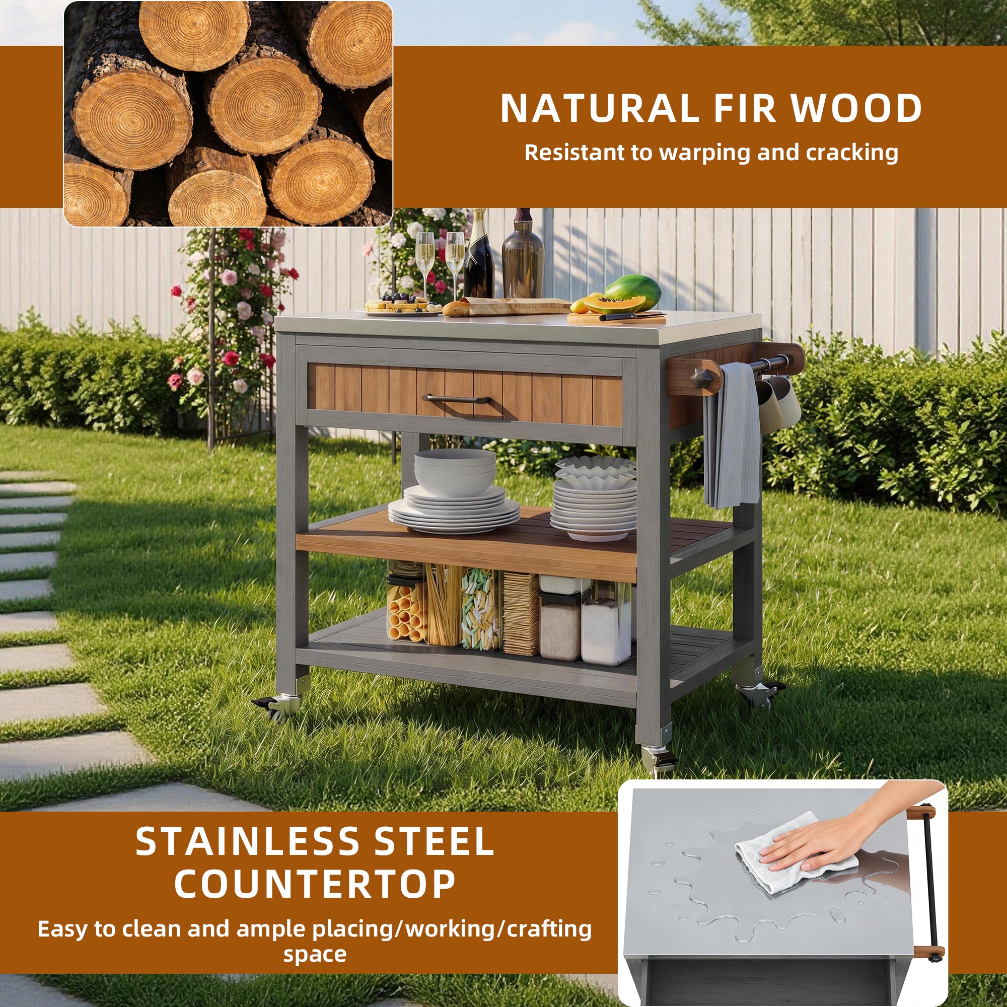 Garden cabinet with wheels and stainless steel worktop – Mobile tool cabinet with drawer and shelf, weatherproof sideboard with double shelf and towel rack, barbecue station for patio
