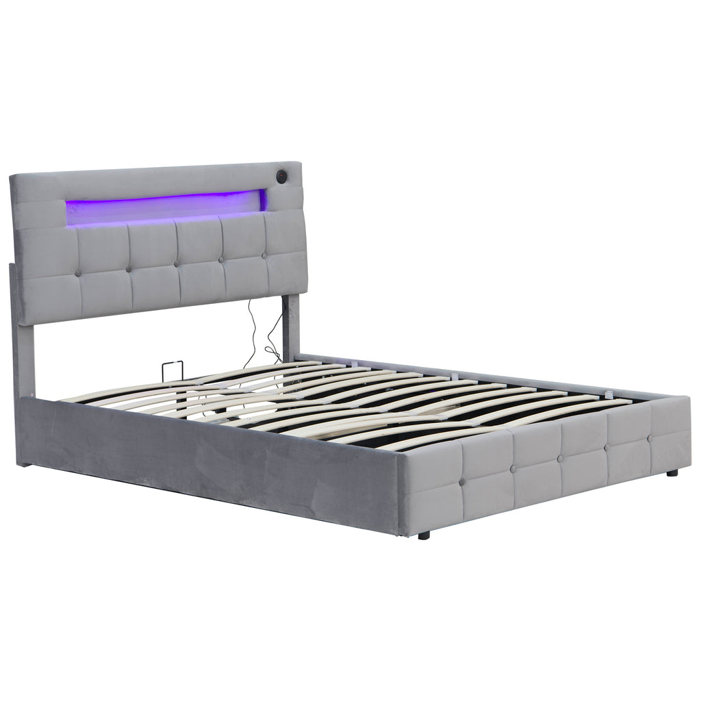 4ft6 Double Upholstered Bed Frame with Hydraulic Storage, Velvet Ottoman Bed with LED Lighting and Charging Station,  Double Bed with Adjustable Button Tufted Headboard, No Box Spring Needed, Grey