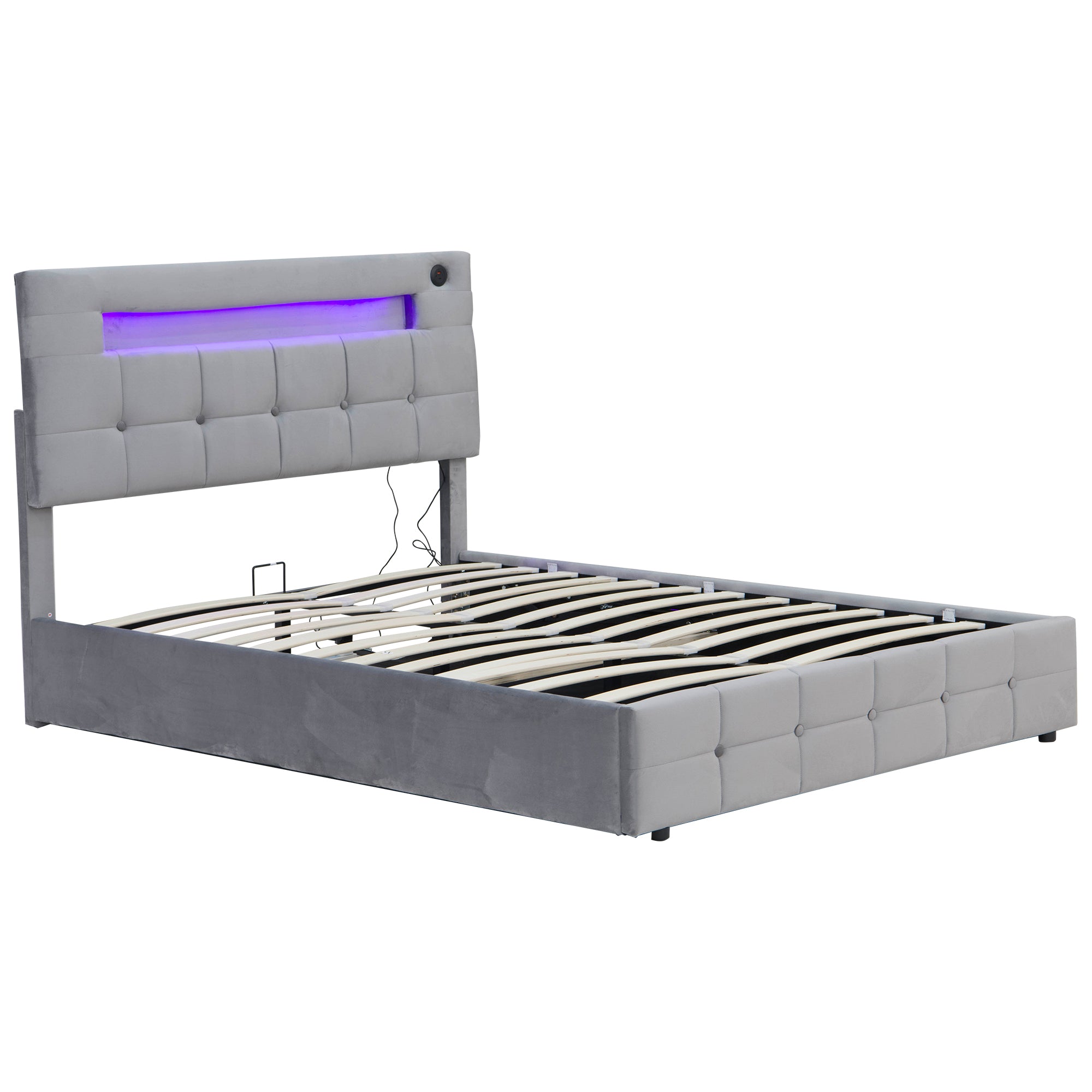 4ft6 Double Upholstered Bed Frame with Hydraulic Storage, Velvet Ottoman Bed with LED Lighting and Charging Station,  Double Bed with Adjustable Button Tufted Headboard, No Box Spring Needed, Grey