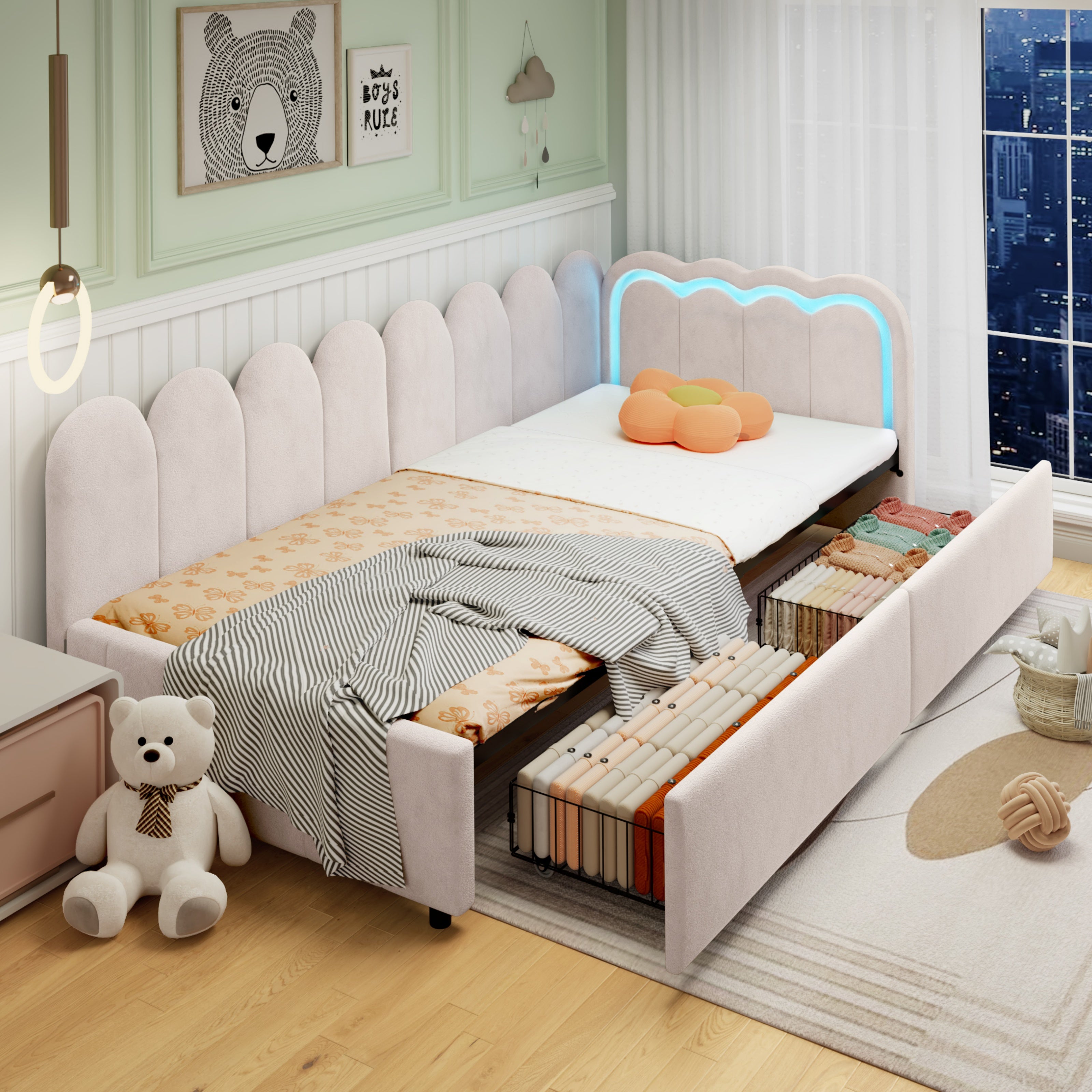 3ft Single Daybed with Smart RGB LED Lights and 2 Storage Drawers, Modern Velvet Youth Bed with Scalloped Backrest and Wooden Slats, Reversible Side Panel, Easy Assembly, Beige (No Mattress)