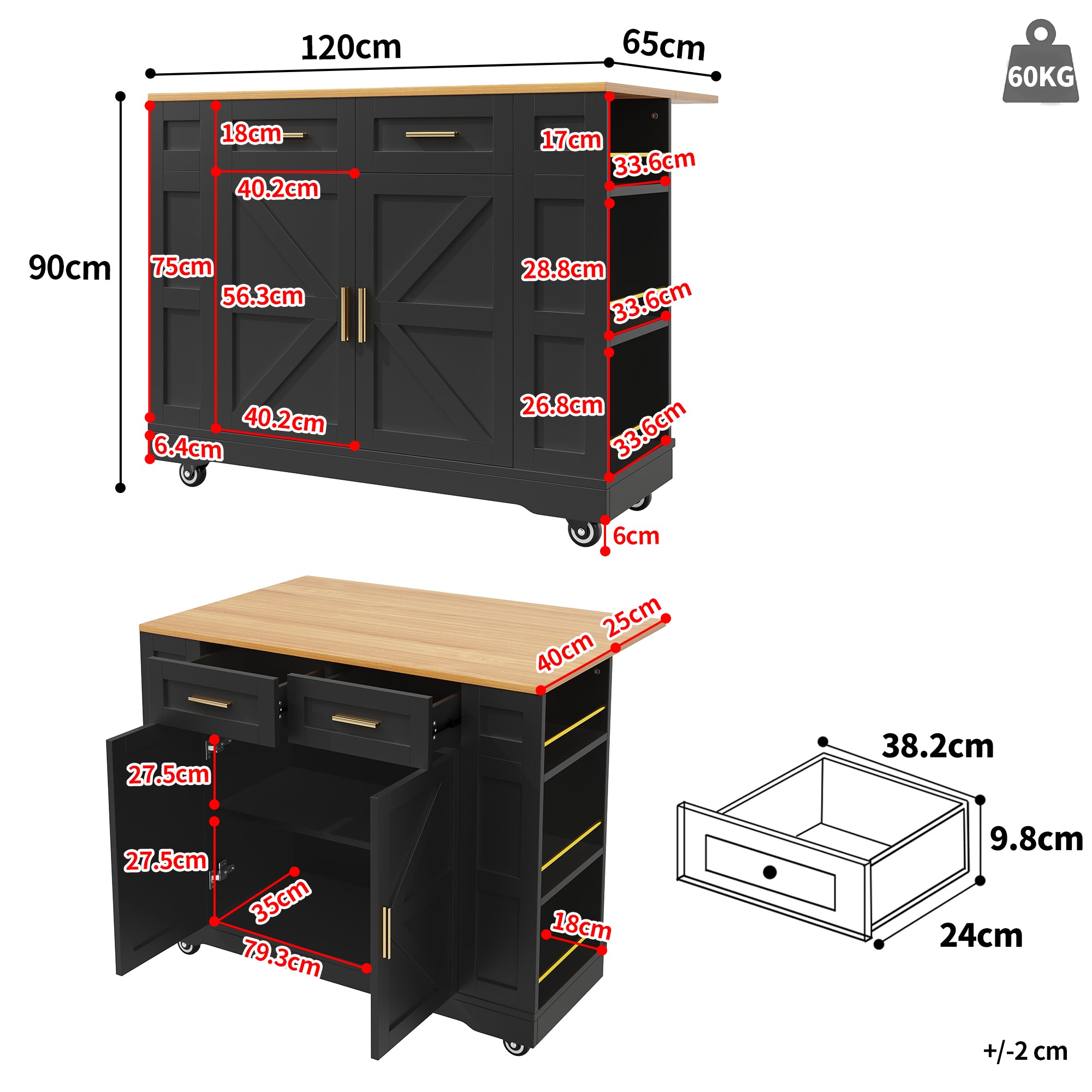 Kitchen Island on Wheels, Rolling Island Cart with 2 Drawers and Double-Sided Storage Racks, Storage Cabinet with Foldable Worktop, Mobile Carts, Portable Trolley for Home and Kitchen, Black