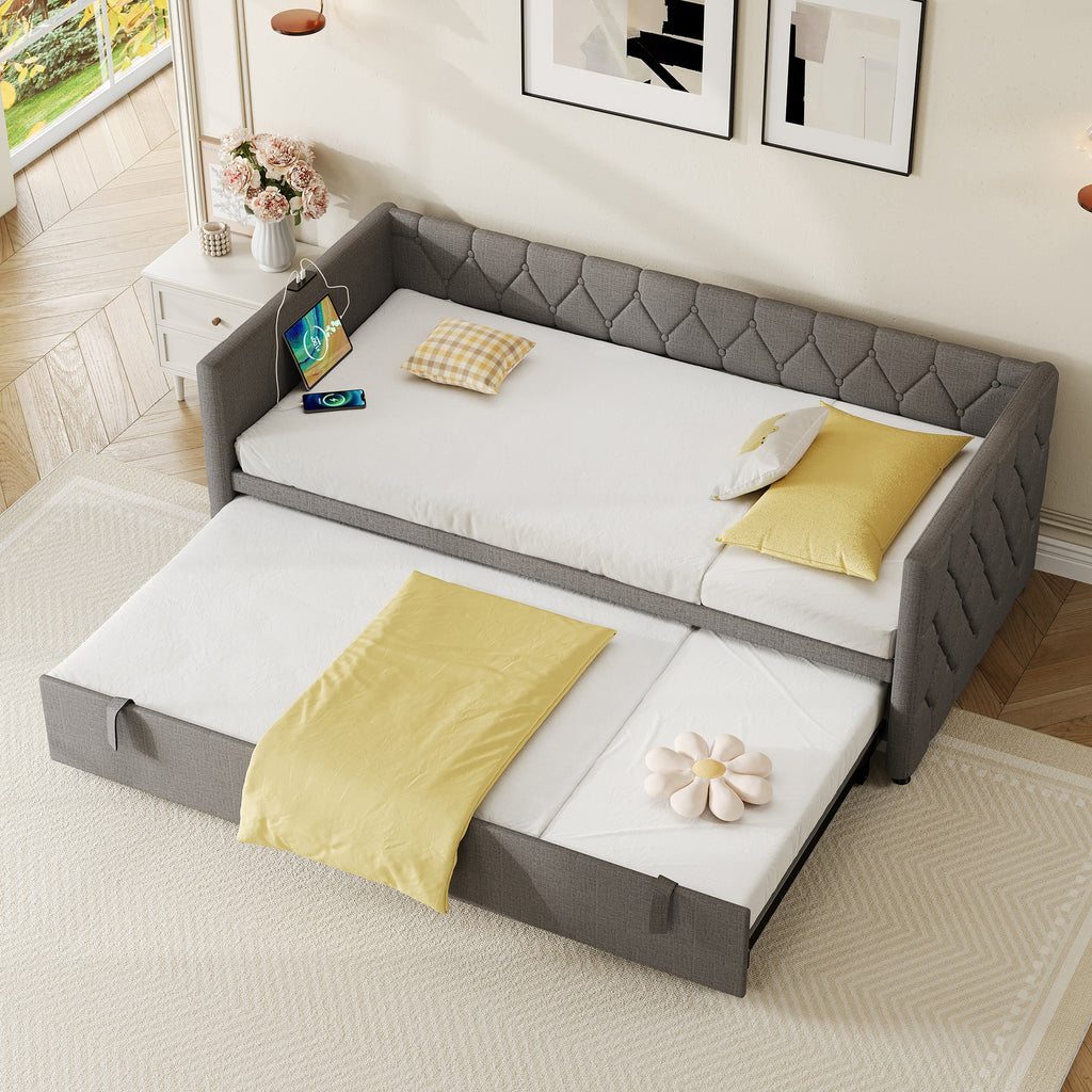 Upholstered Daybed, Sofa Bed with Charging Station, 3ft Single Button-tufted Bed with USB and Type - C Ports, Pull out Trundle Bed for Living Room/ Bedroom/ Study Room, Linen, Grey (No Mattress)