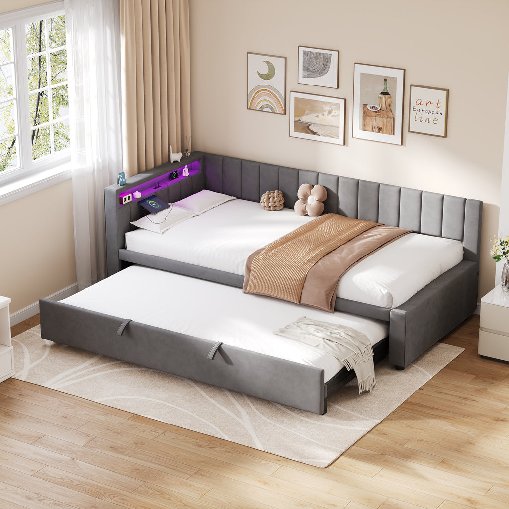 3ft Single Velvet Daybed, Sofa Bed with RGB LED Lights and Charging Station, Upholstered Sofa Bed with Trundle, Pull out Trundle Bed for Living Room, Bedroom or Study, Grey (No Mattress)