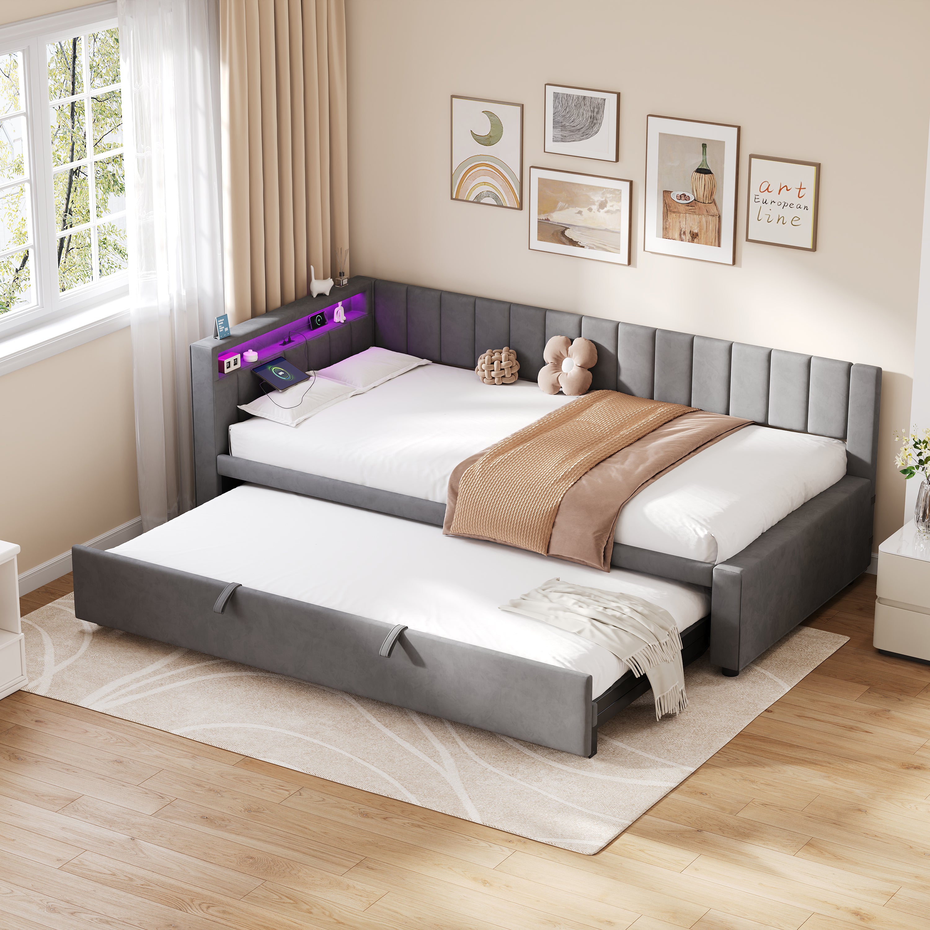 3ft Single Velvet Daybed, Sofa Bed with RGB LED Lights and Charging Station, Upholstered Sofa Bed with Trundle, Pull out Trundle Bed for Living Room, Bedroom or Study, Grey (No Mattress)