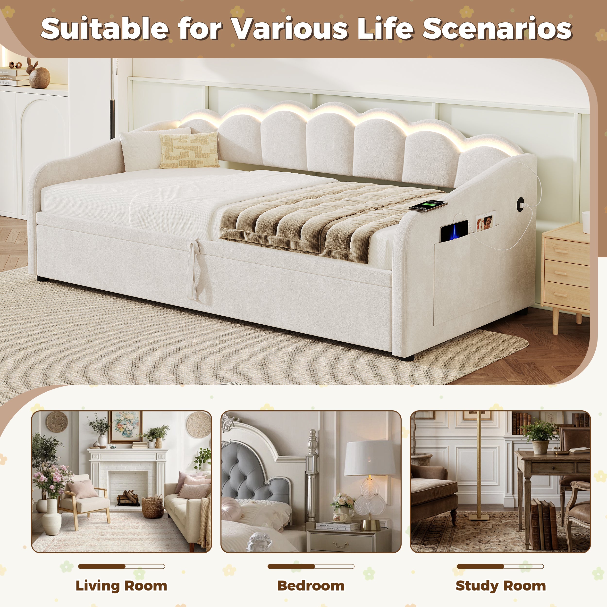 Upholstered Bed 90x190cm, Daybed, RGB LED Sofa Bed with Charging Station, 3ft Petal Shape Single Bed with Hydraulic Storage for Living Room/ Bedroom/ Study Room, Velvet, Beige (No Mattress)