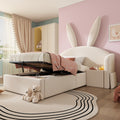 Bunny Ears Kids Bed, Single Upholstered Bed with Hydraulic Storage & Nightstand, Children Bed Frame for Girls Bedroom, 90 x 190 cm, Beige, No Mattress
