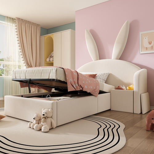 Bunny Ears Kids Bed, Single Upholstered Bed with Hydraulic Storage & Nightstand, Children Bed Frame for Girls Bedroom, 90 x 190 cm, Beige, No Mattress