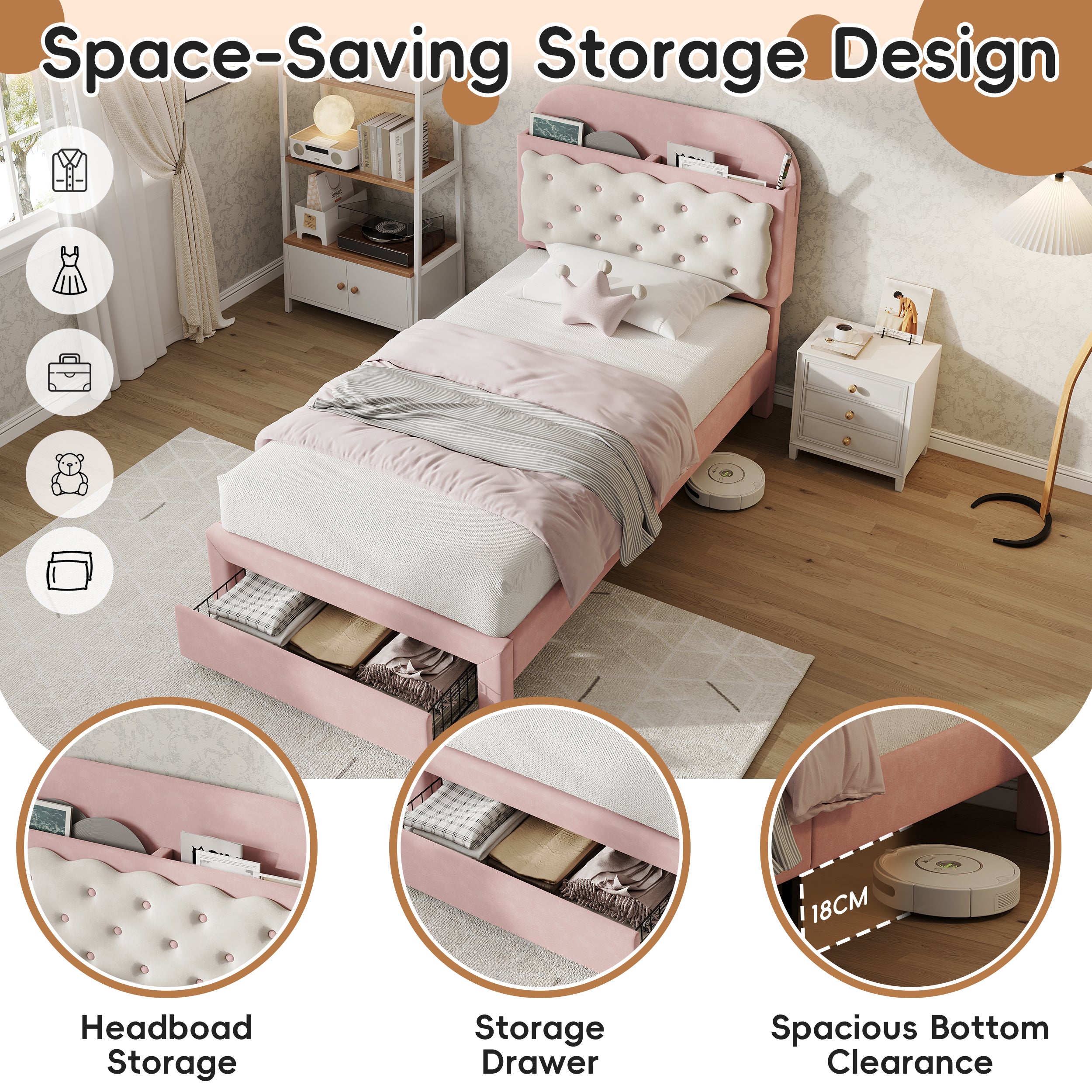 3ft Single Velvet Upholstered Bed Frame, Adjustable Cookie Shaped Storage Headboard with Storage Drawer at Bed End, No Box Spring Needed, Easy Assembly, Pink+ Cream White (No Mattress)
