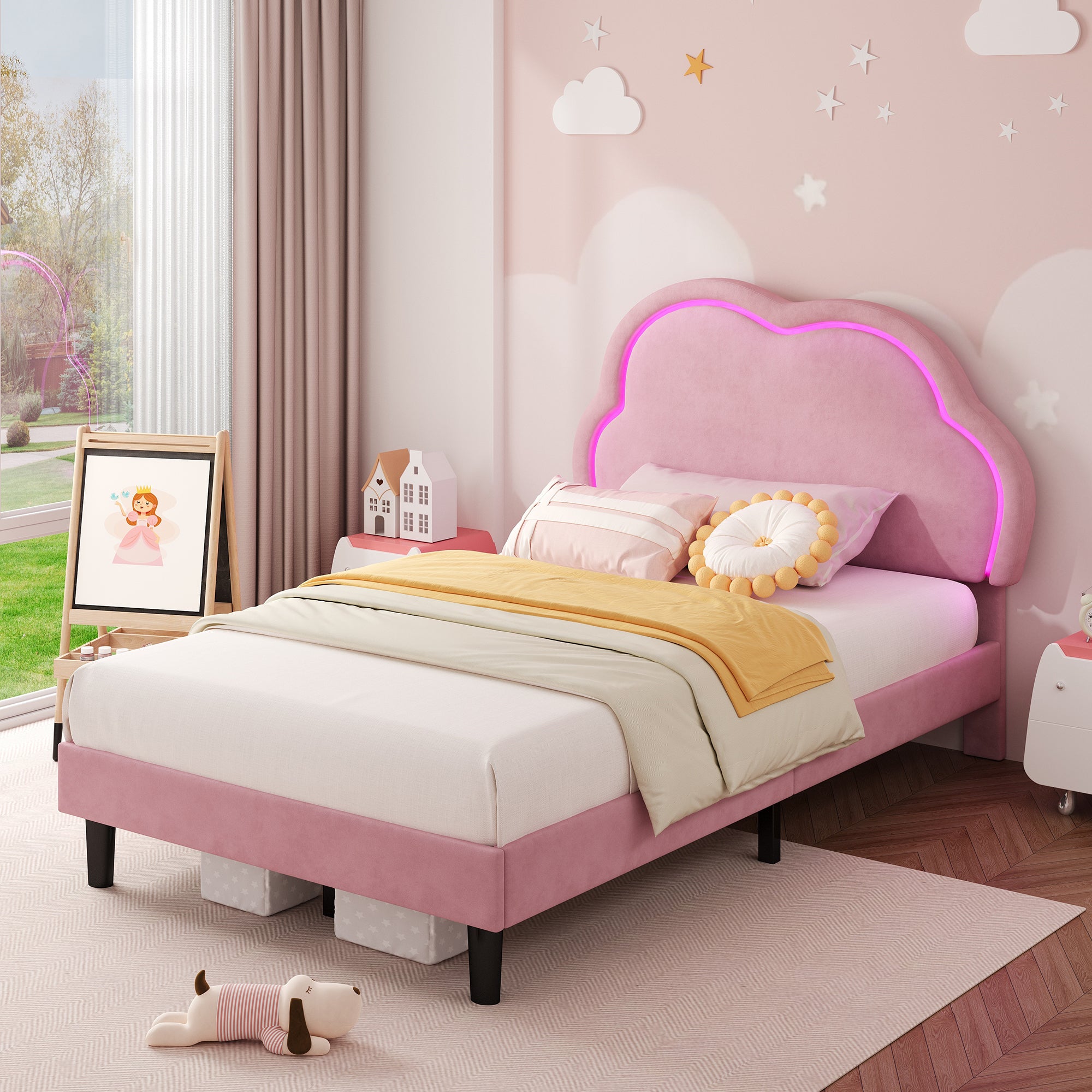 3ft Single Upholstered Bed with LED Adjustable Cute Cloud Headboard, Soft Velvet Bed Frame with Solid Wood Slat, No Box Spring Needed, Easy Assembly, Pink (No Mattress)