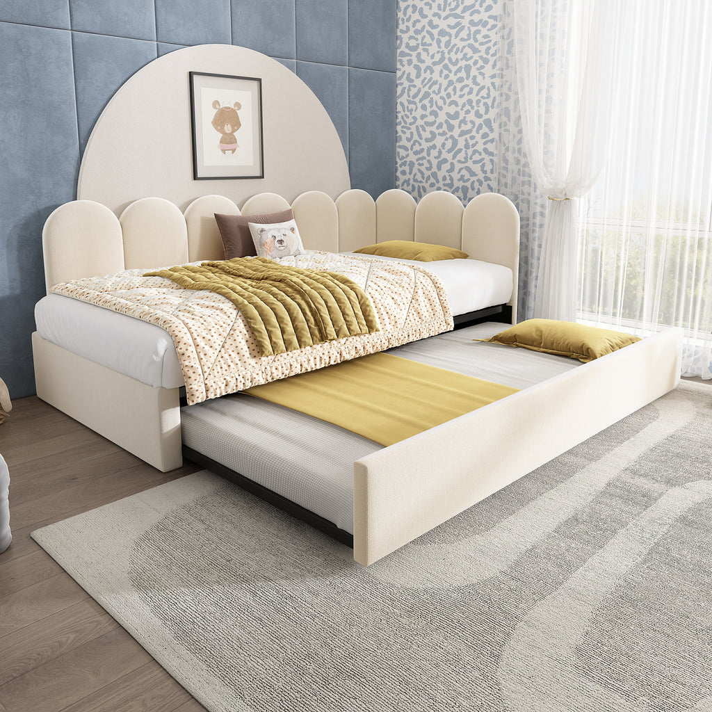 Upholstered Bed Daybed with Pull-Out Bed, 3FT Single Sofa Bed 90 x 190 cm, Guest Beds for Adults and Children, Bed with Slatted Frame, Velvet, Beige (No Mattress)