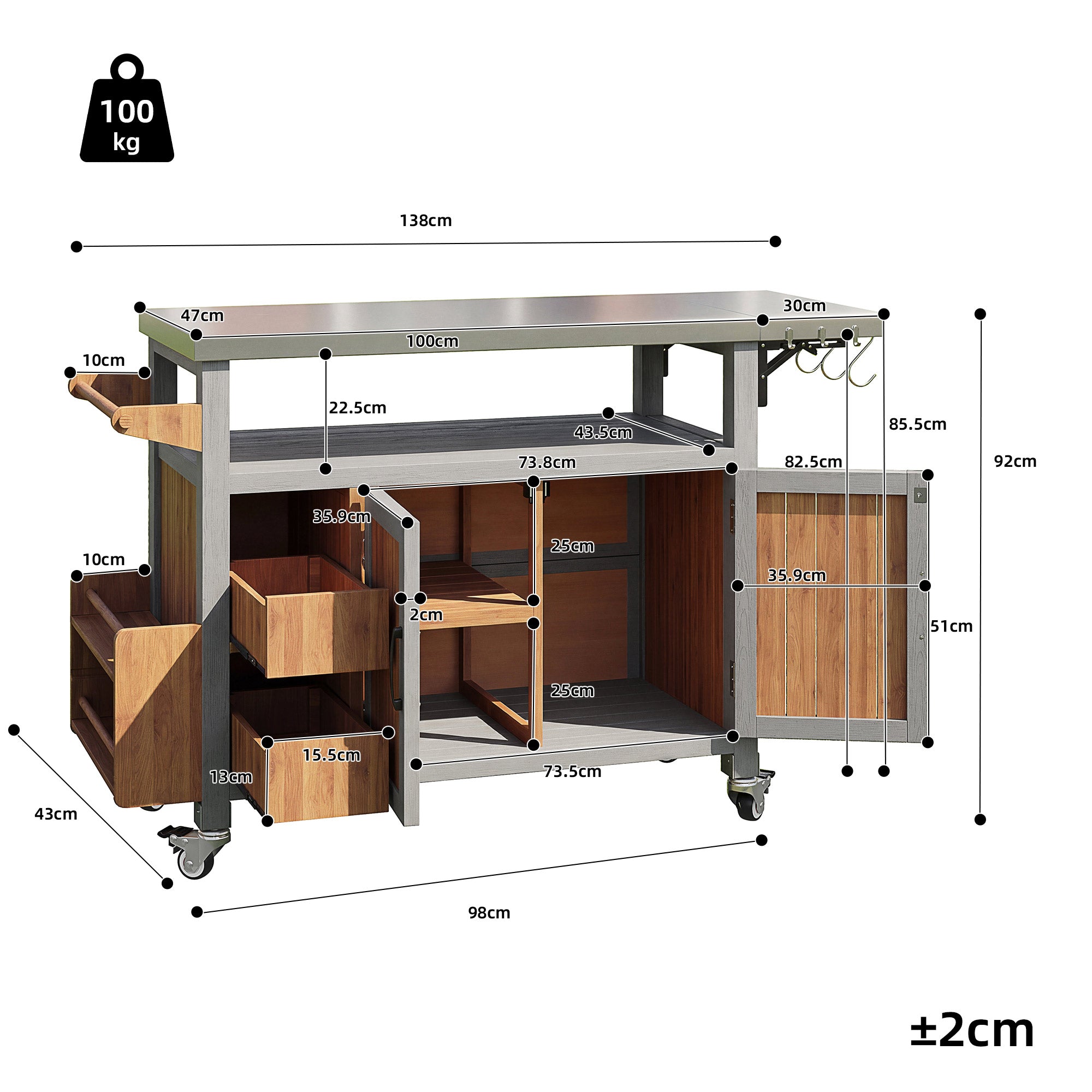 BBQ side table, mobile garden cabinet, weatherproof, stainless steel worktop, outdoor sideboard, serving trolley with pull-out side shelf, 3 hooks, shelf for snacks and spices, solid wood