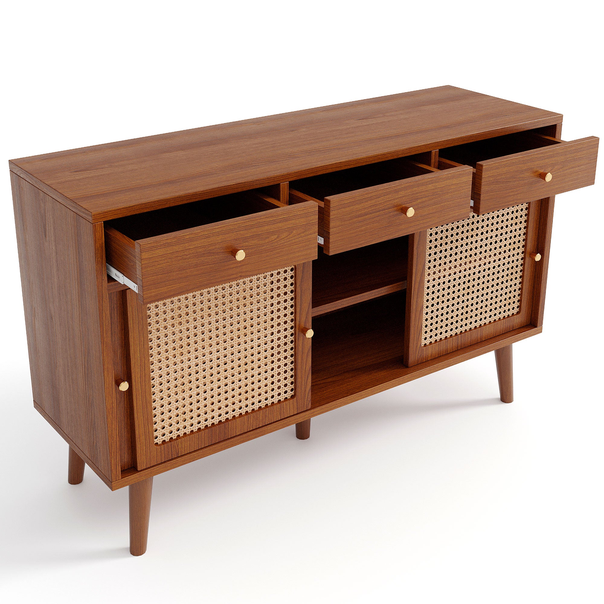 Modern sideboard 120*40*78cm, rattan door design, with 3 drawers and storage compartments, retro wooden sideboard, suitable for dining room and living room
