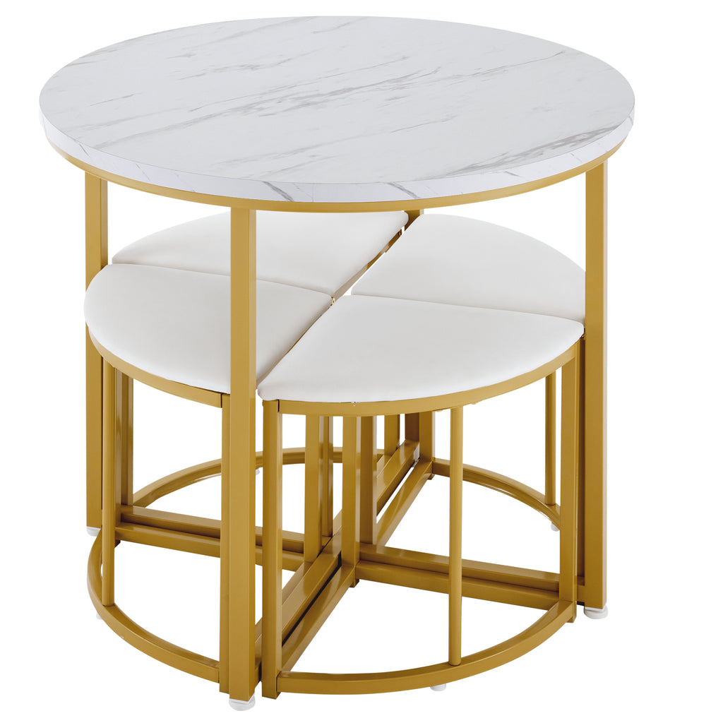 Dining room table set with four chairs, dining group with MDF tabletop and gold-plated iron frame, velvet chair, modern luxury tables and chairs, white