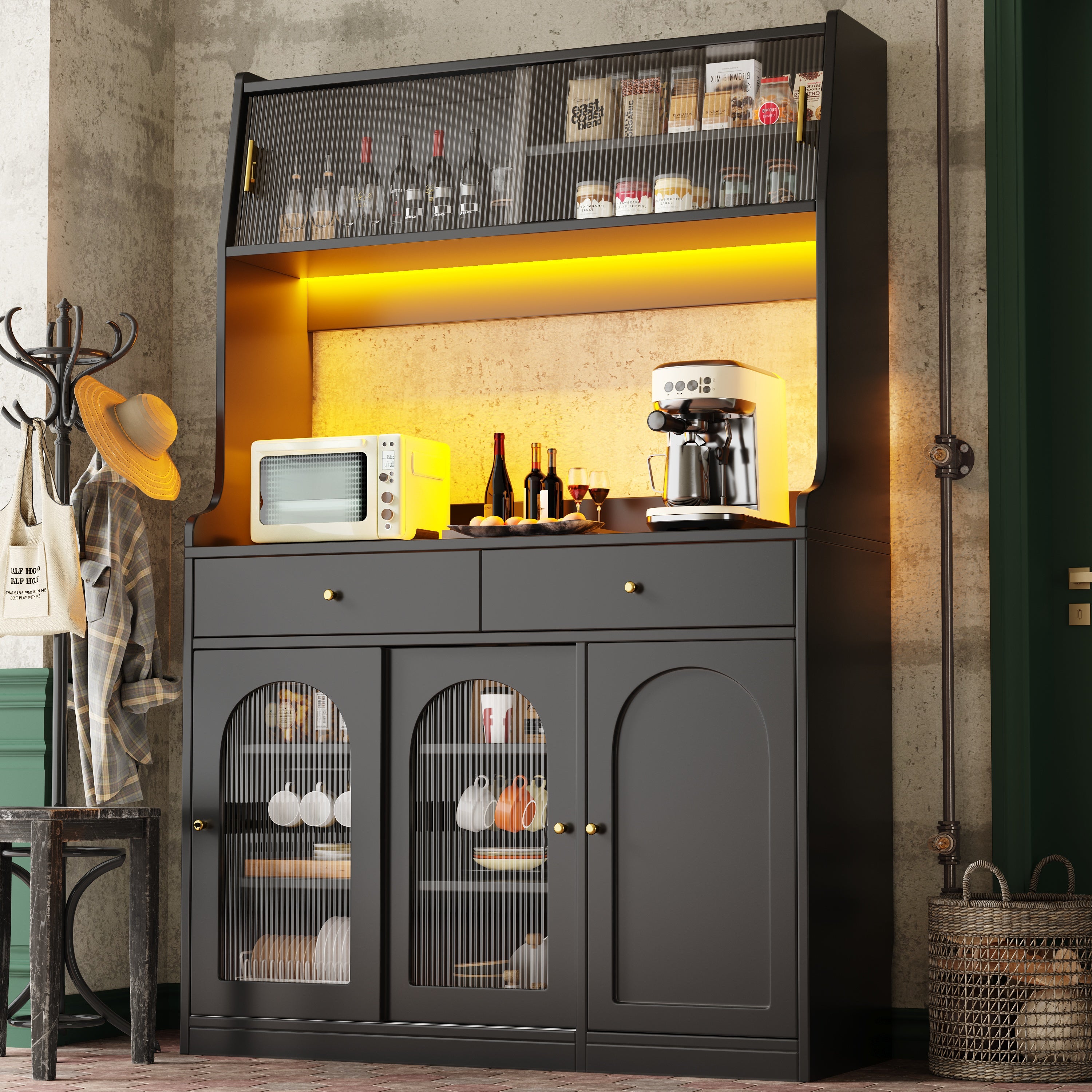 Kitchen Cabinet(120*40*180cm), Tall Cabinet, Display Cabinet, Buffet Cabinet with Adjustable Shelves, Dining Room Cabinet with 2 Drawers, Sideboard with LED Lighting, Variable Light Colors, Black