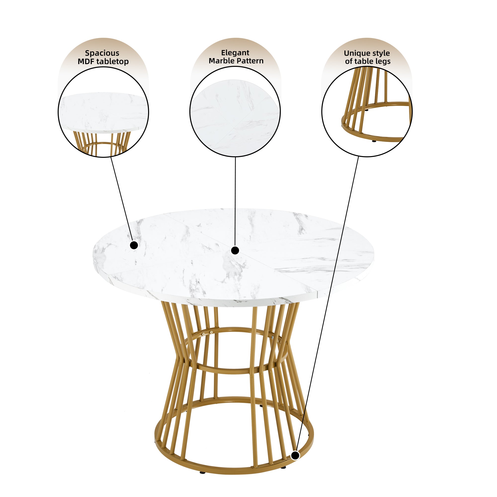 Dining table set (5-piece), dining table set with 4 chairs, kitchen table set, round dining table with 100 cm diameter and golden metal legs, white MDF table top, black velvet dining chairs