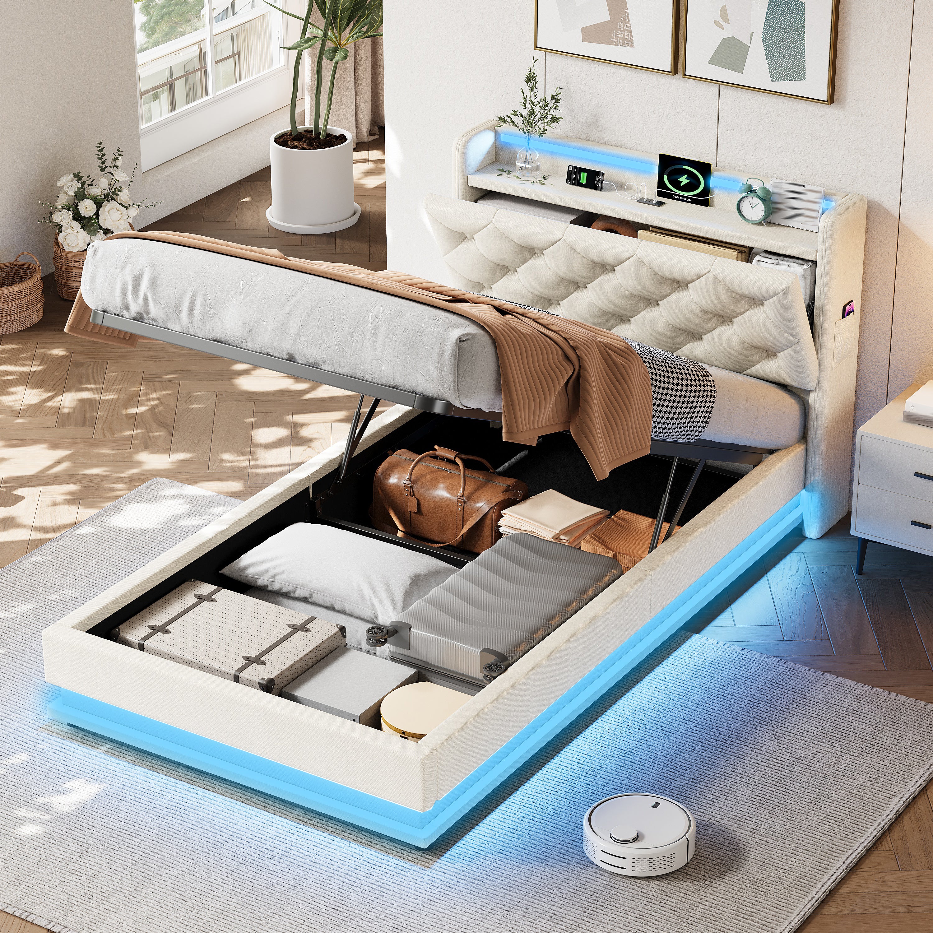 3ft Single Upholstered Bed Frame with Hydraulic Storage, LED Button Tufted Headboard with Charging Station and Concealed Headboard Storage, USB and Type-C Ports, Linen, Beige (No Mattress)