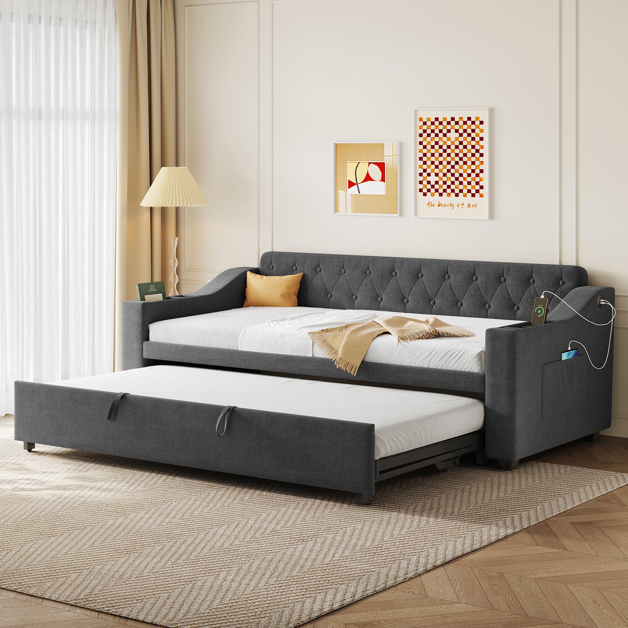 Upholstered Bed 90x190cm, Daybed, Sofa Bed with Charging Station, 3ft Single Linen Daybed with Armrest Storage. Pull out Trundle Bed for Living Room/ Bedroom/ Study Room, Grey (No Mattress)