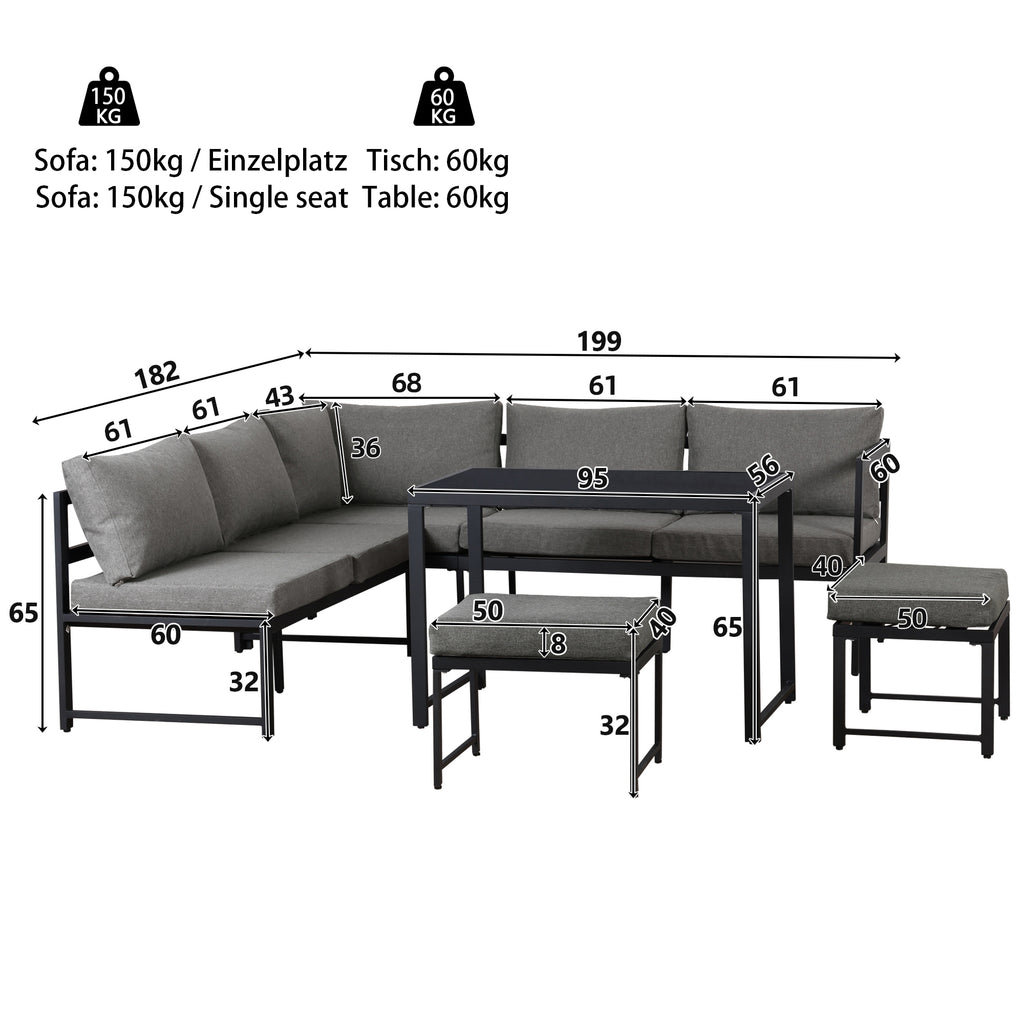 Outdoor Garden Lounge Sofa Seating Set, Garden Balcony Furniture with Reclining Function, Backrest Adjustable in Four Directions, Includes All Soft Seat Cushions and Backrest, Grey