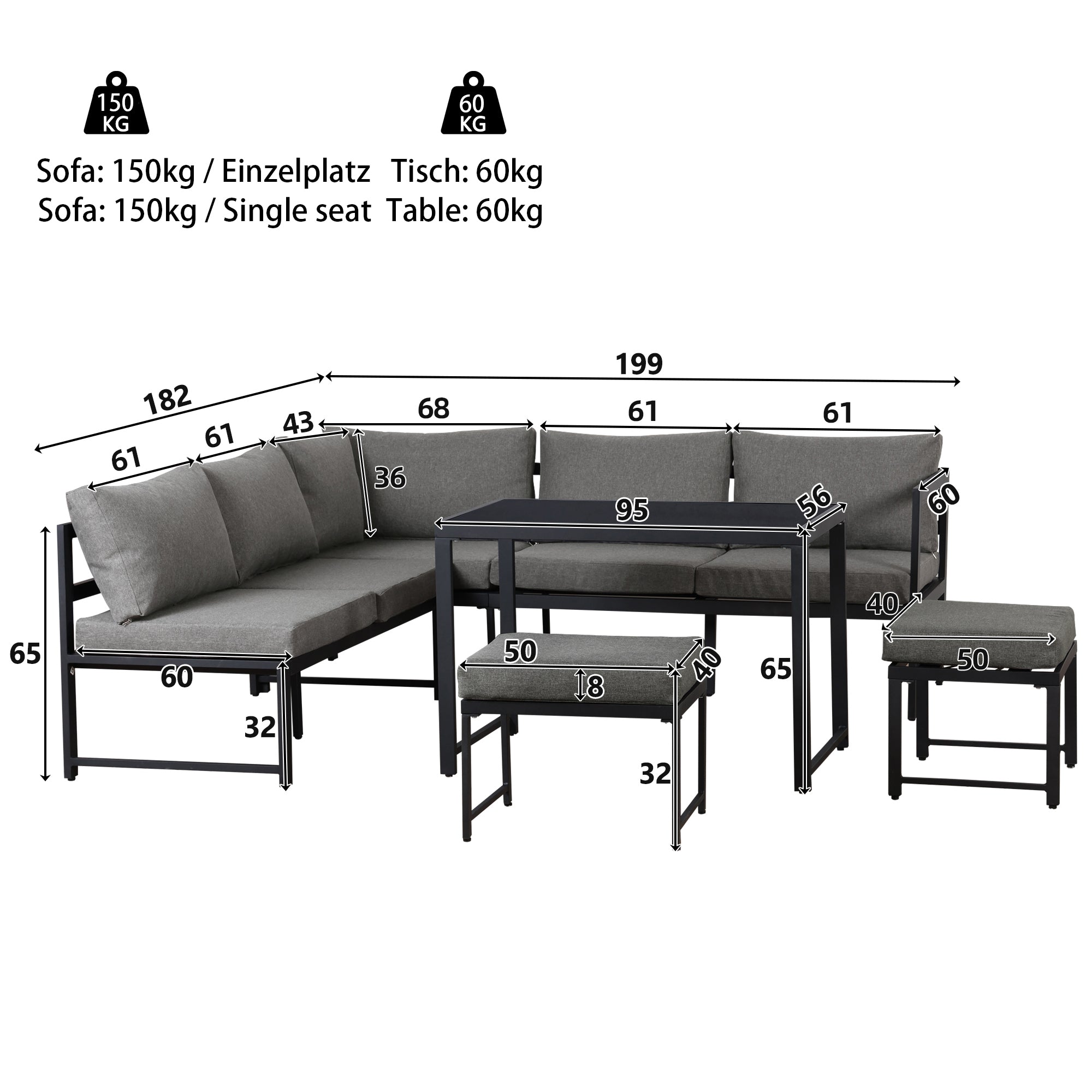 Outdoor Garden Lounge Sofa Seating Set, Garden Balcony Furniture with Reclining Function, Backrest Adjustable in Four Directions, Includes All Soft Seat Cushions and Backrest, Grey