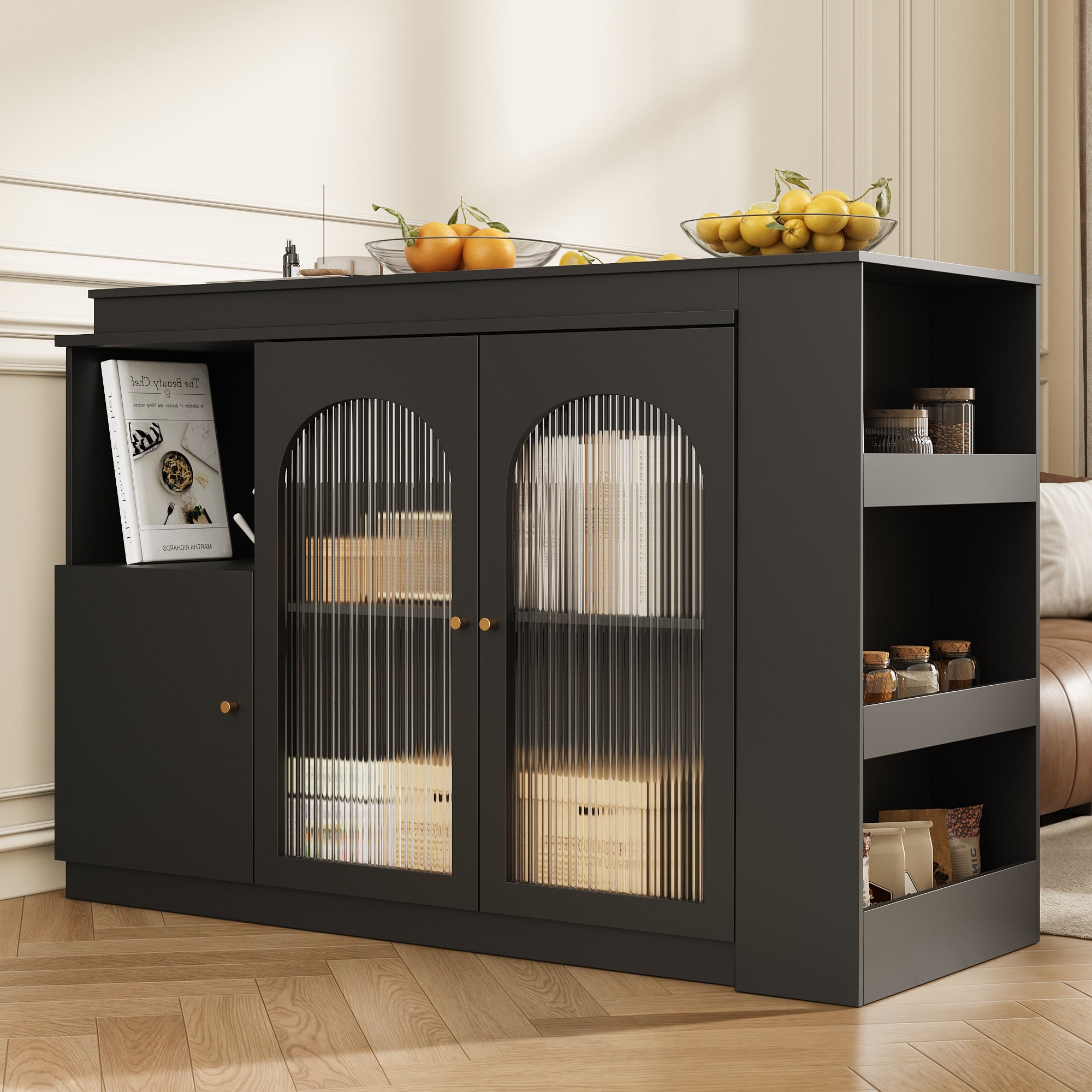 360° rotating bar table (main body 120 x 40 x 97 cm), modern and simple black rotating dining and bar cabinet, multifunctional storage cabinet with glass door