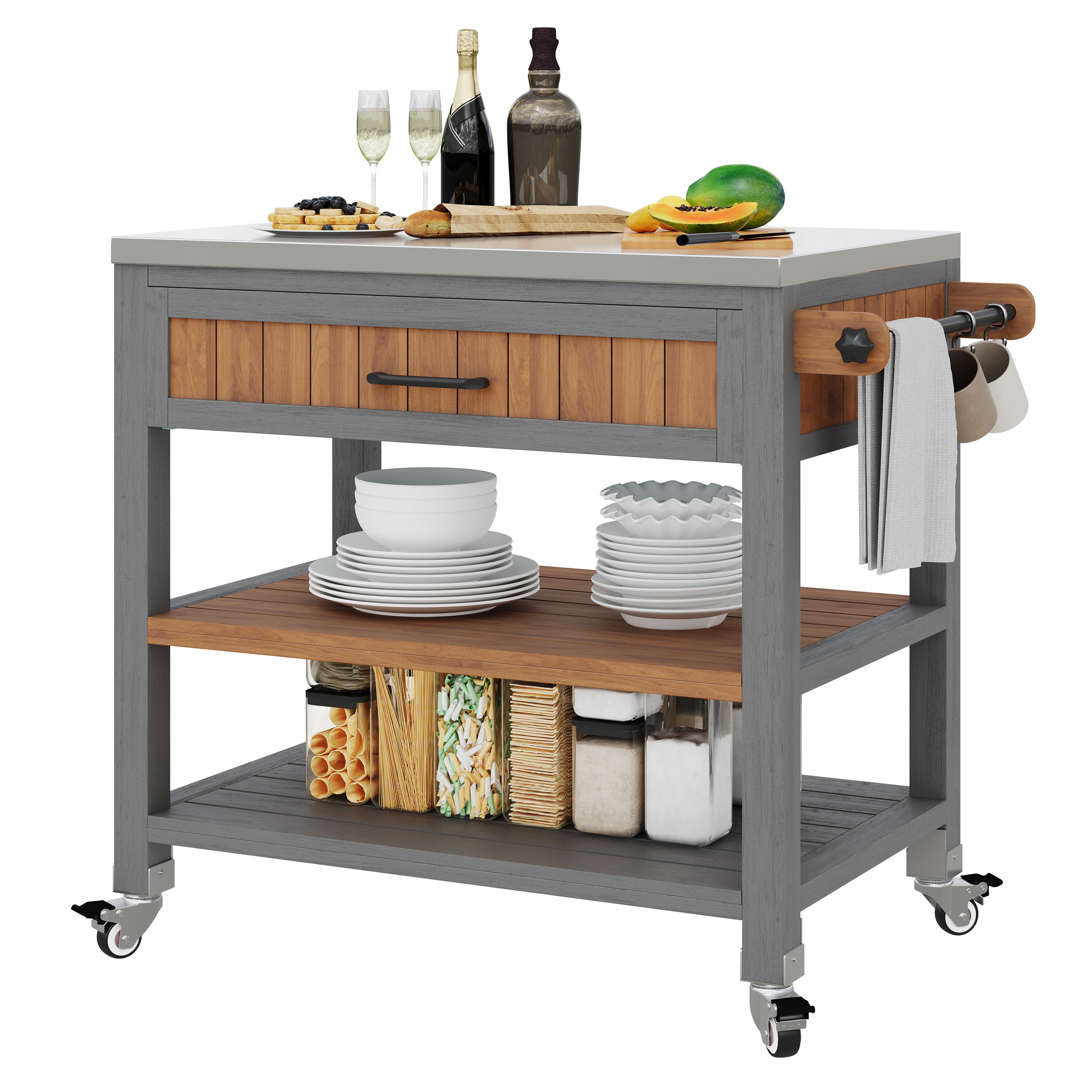 Garden cabinet with wheels and stainless steel worktop – Mobile tool cabinet with drawer and shelf, weatherproof sideboard with double shelf and towel rack, barbecue station for patio