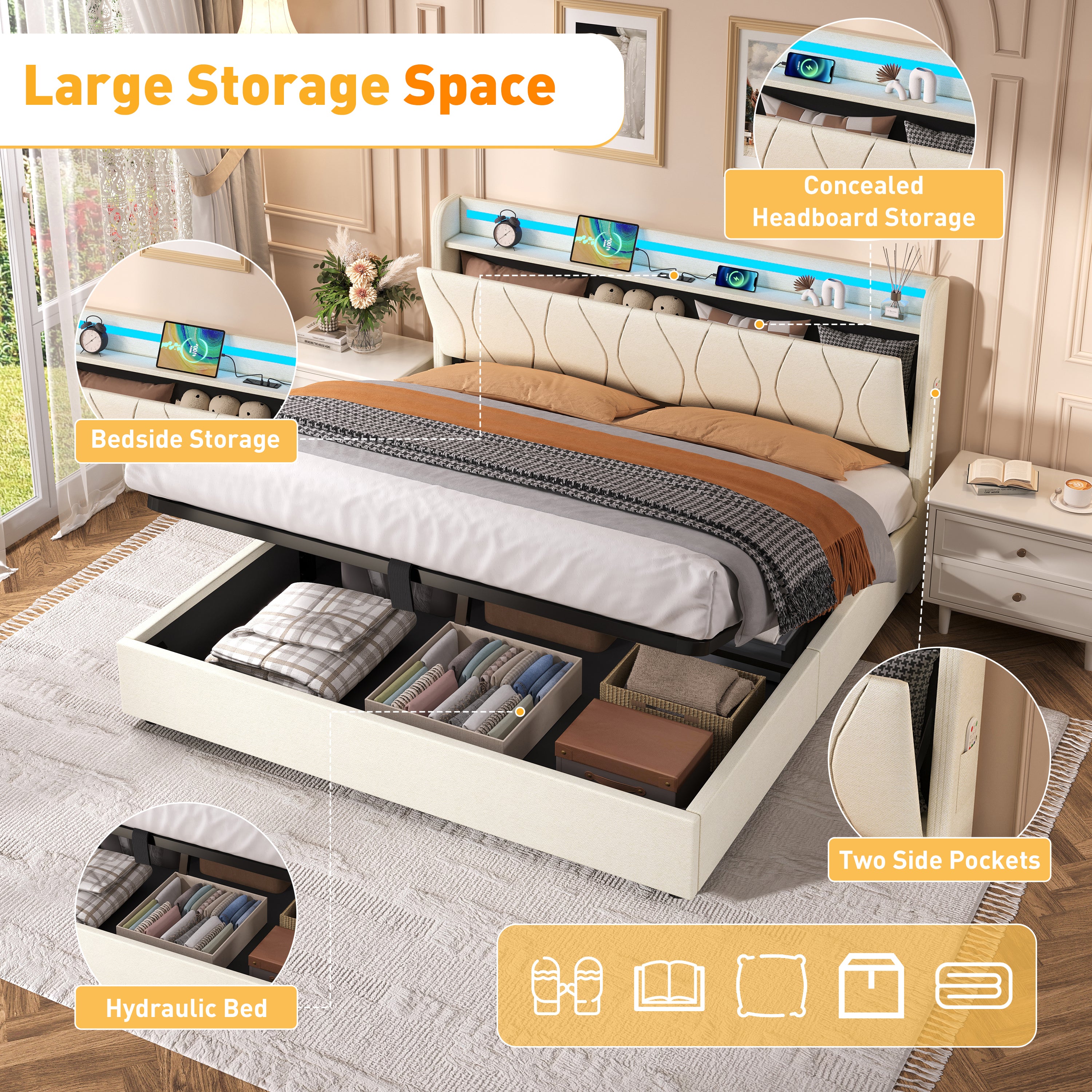 5ft King Upholstered Bed Frame with Hydraulic Storage, LED Headboard with Charging Station and Concealed Headboard Storage, USB and Type - C Ports, Linen, No Box Spring Needed, Beige (No Mattress)