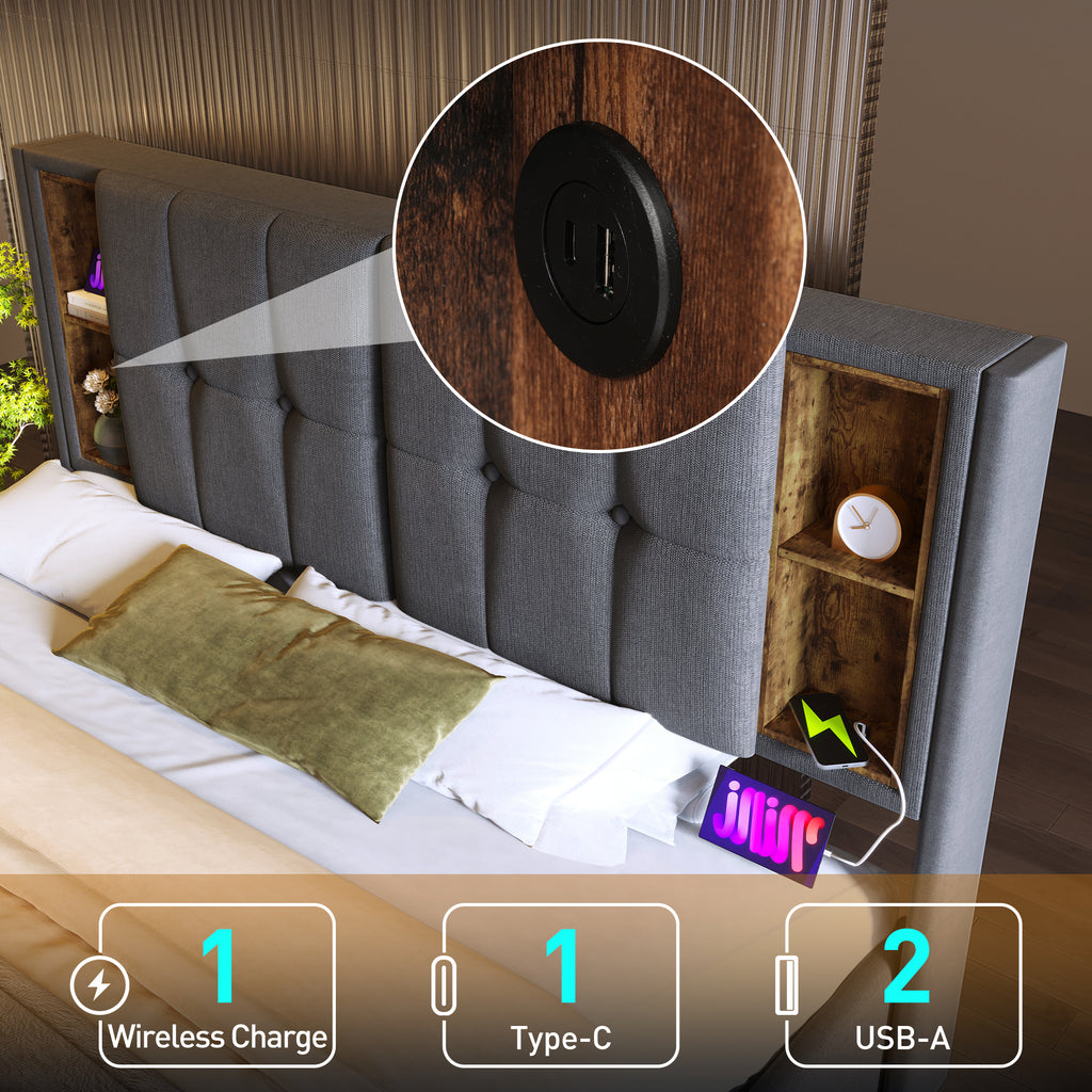 4ft6 Double Bed Frame Upholstered Bed 135 x 190 cm with Wireless Charging (USB Type-C), Hydraulic Bed with Large Storage Space, Linen Fabric, Grey(No Mattress)