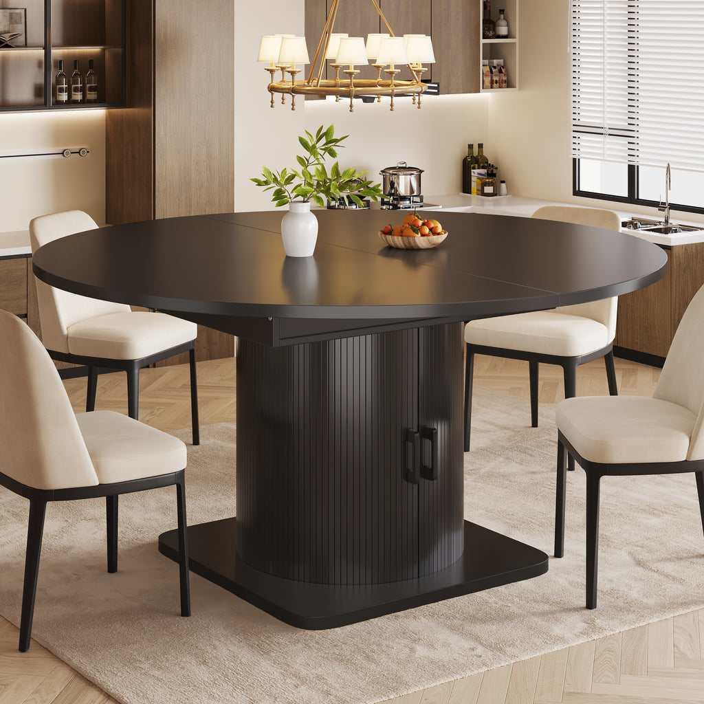 Extendable dining table with storage, multifunctional folding table with wine rack, space-saving kitchen table for small rooms and dining rooms, MDF tabletop, black
