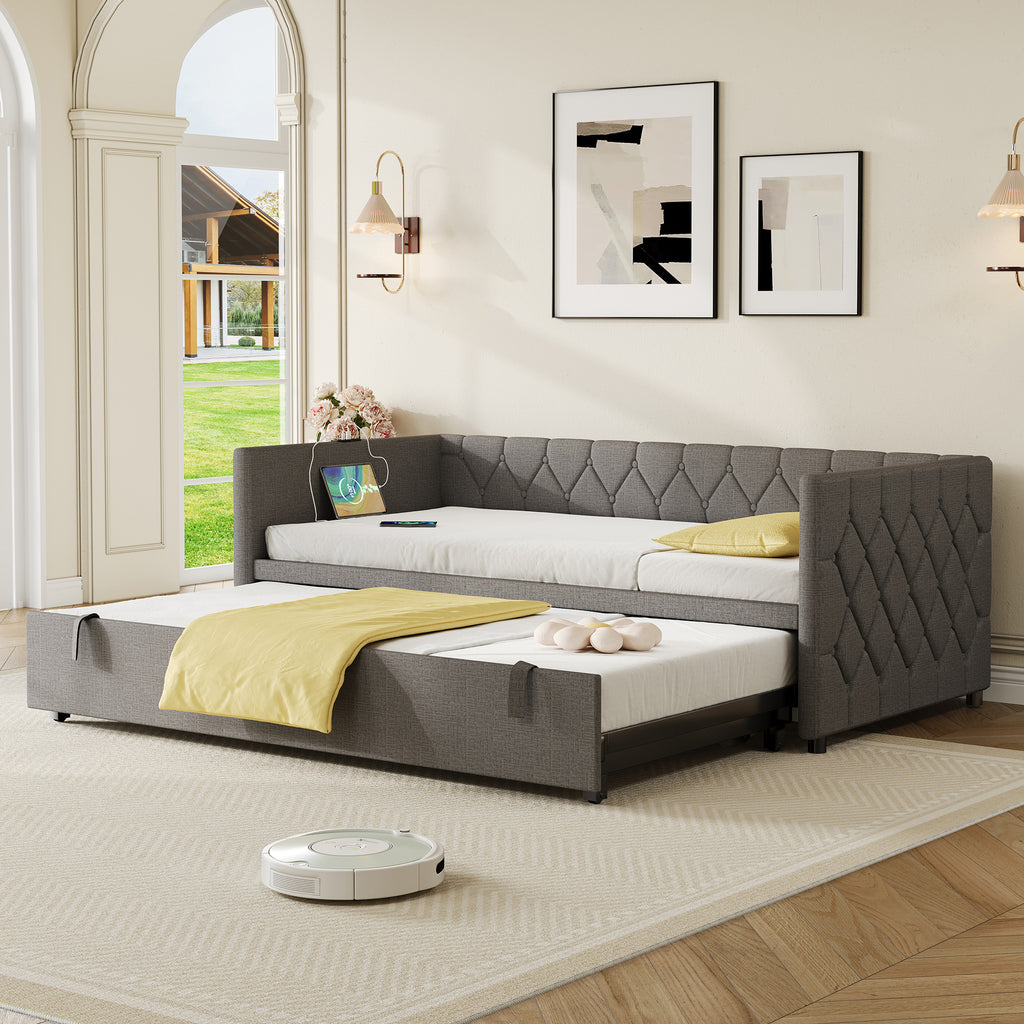 Upholstered Daybed, Sofa Bed with Charging Station, 3ft Single Button-tufted Bed with USB and Type - C Ports, Pull out Trundle Bed for Living Room/ Bedroom/ Study Room, Linen, Grey (No Mattress)
