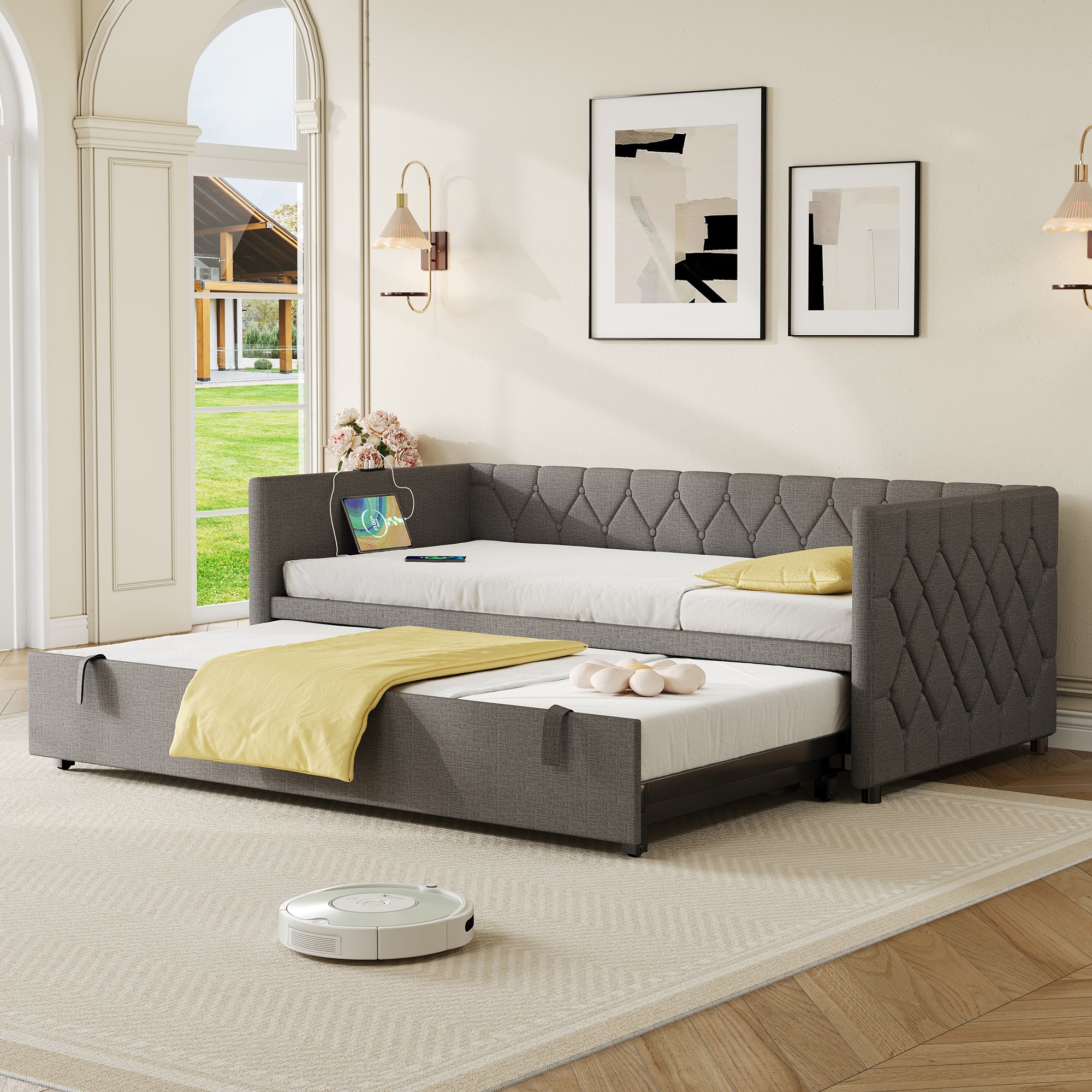 Upholstered Daybed, Sofa Bed with Charging Station, 3ft Single Button-tufted Bed with USB and Type - C Ports, Pull out Trundle Bed for Living Room/ Bedroom/ Study Room, Linen, Grey (No Mattress)